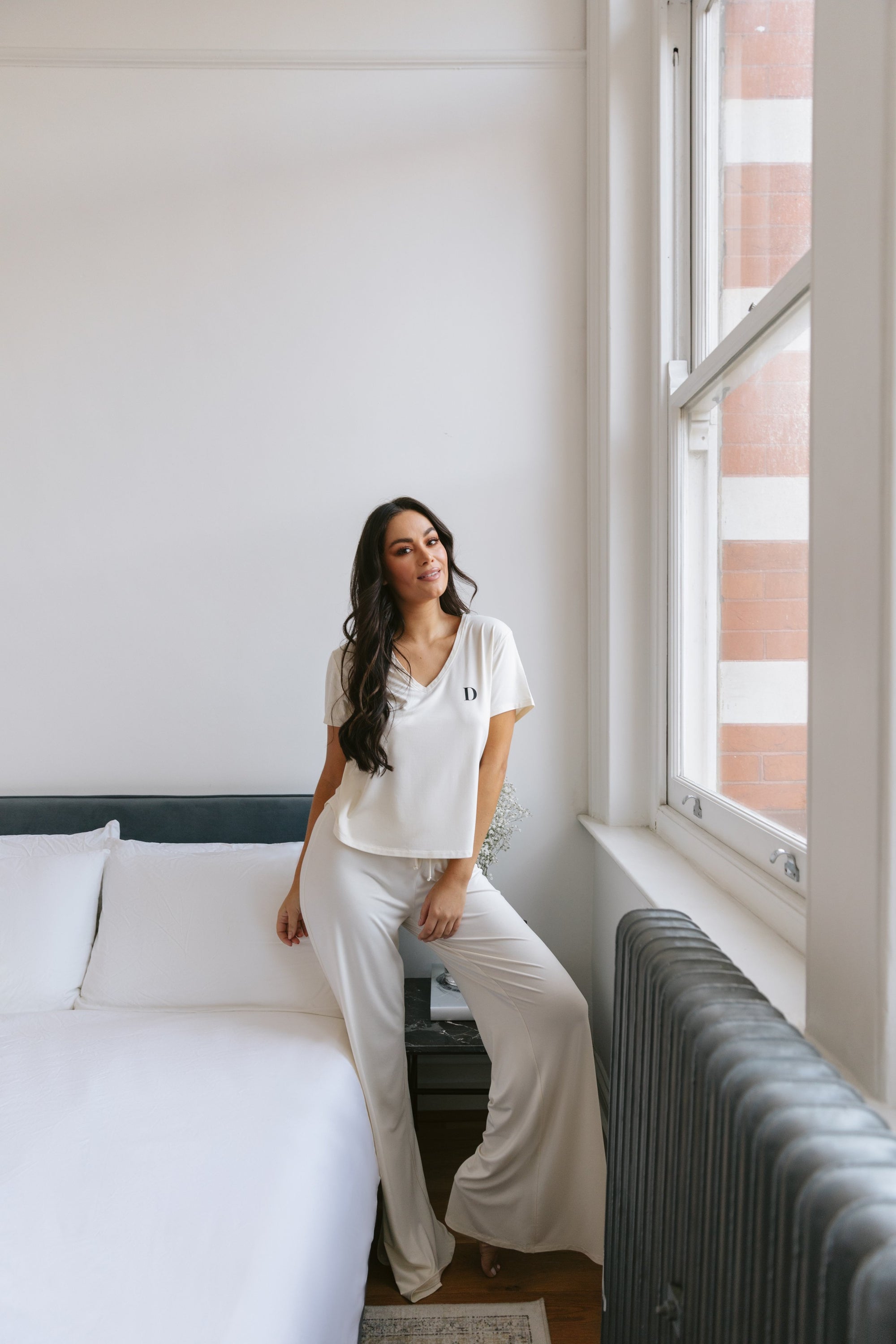 Soft Ivory drawstring wide-leg trousers
