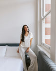Soft Ivory drawstring wide-leg trousers