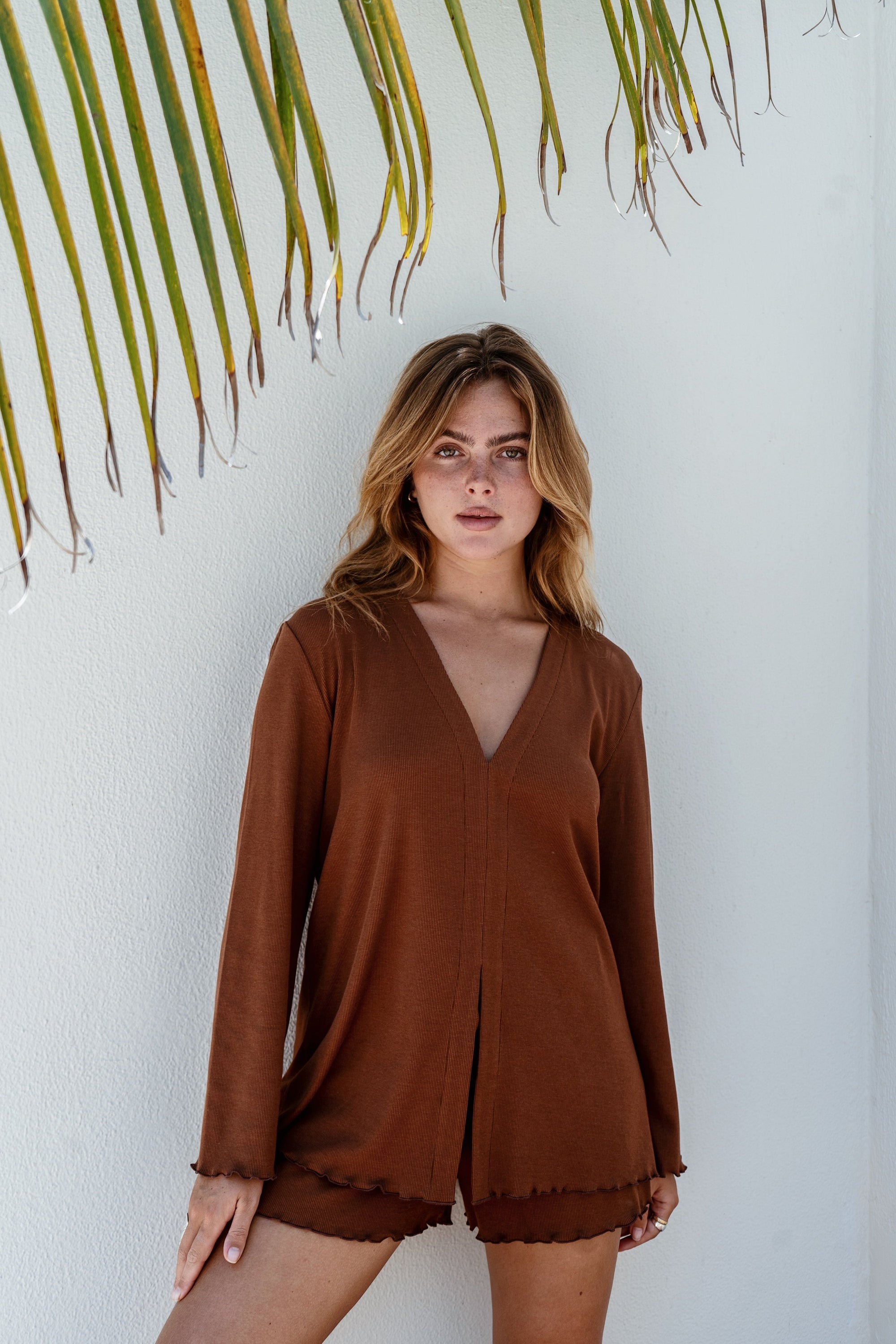Chestnut Brown Bamboo Rib Shirt-Style top