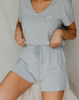 Pebble Grey ruffle drawstring shorts