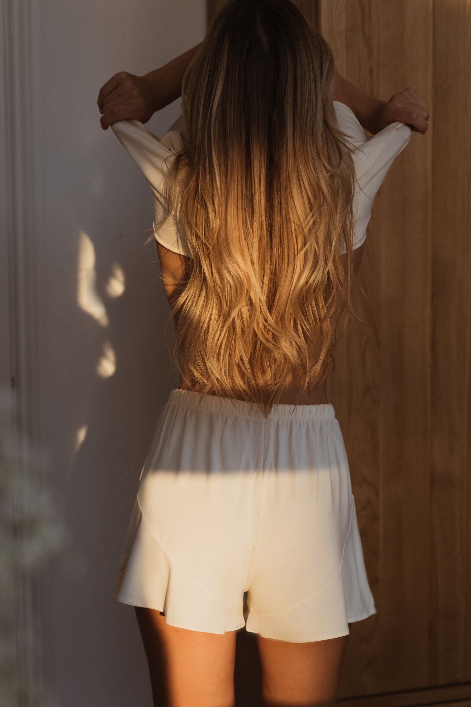 Soft Ivory ruffle drawstring shorts