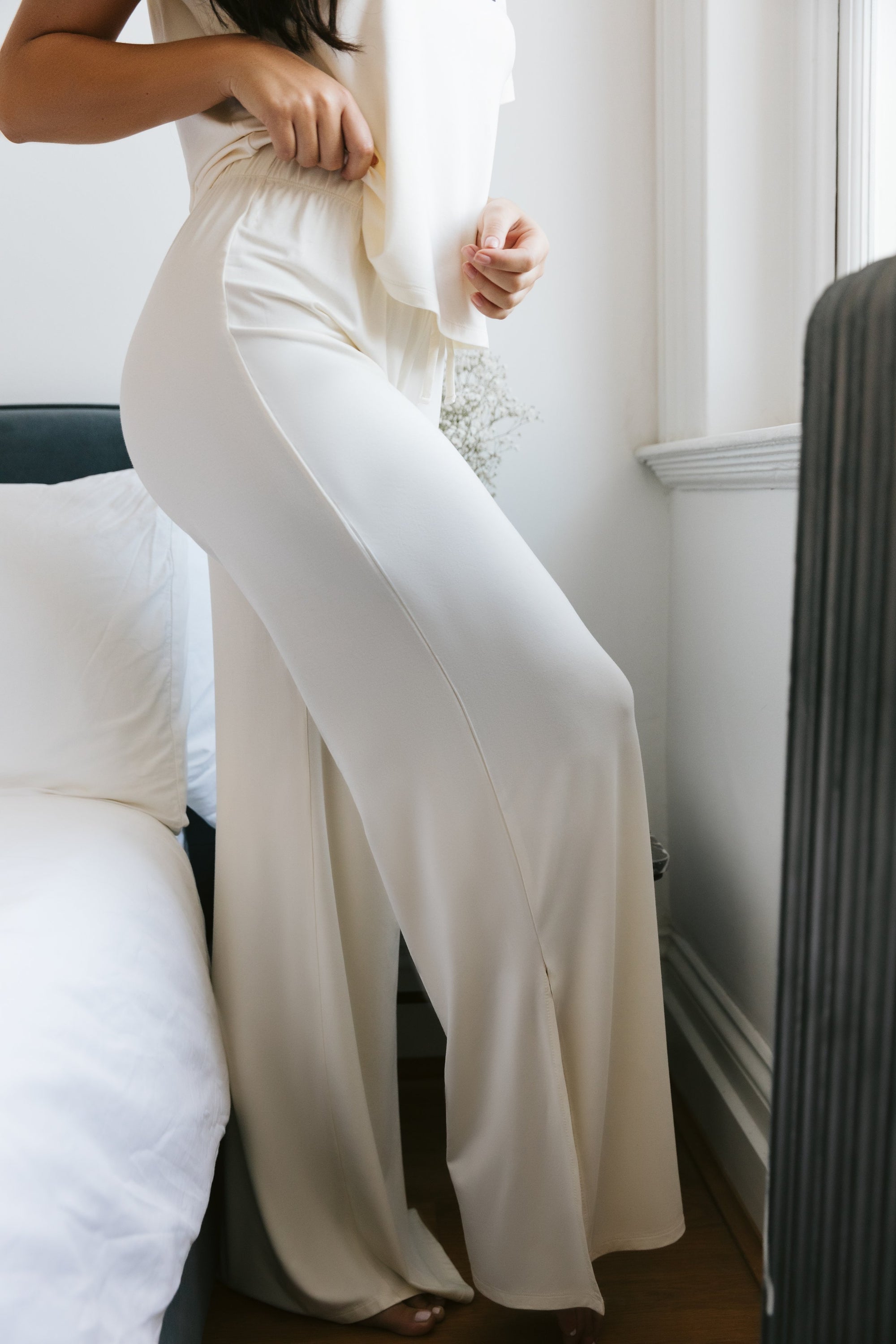 Soft Ivory drawstring wide-leg trousers