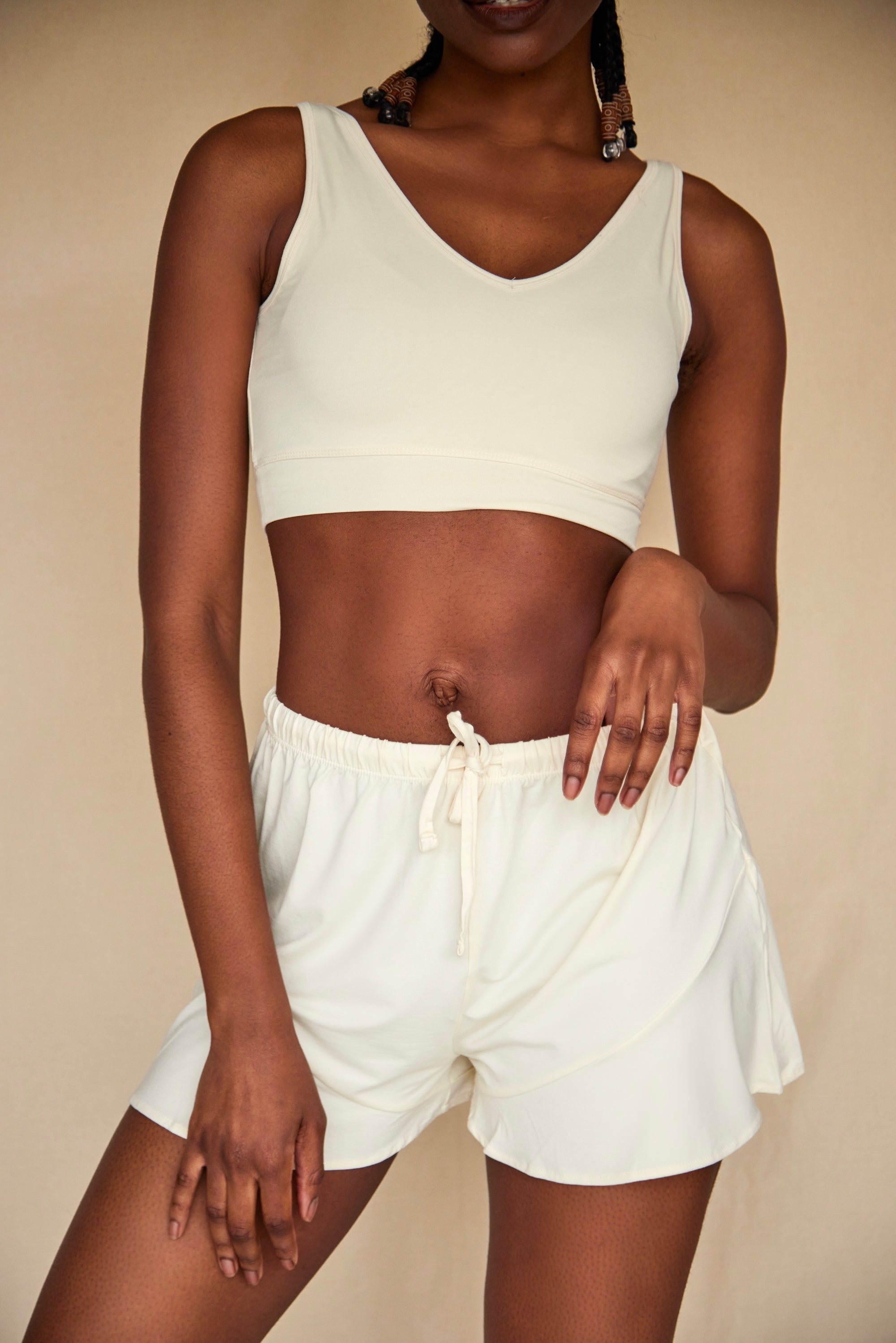Soft Ivory ruffle drawstring shorts