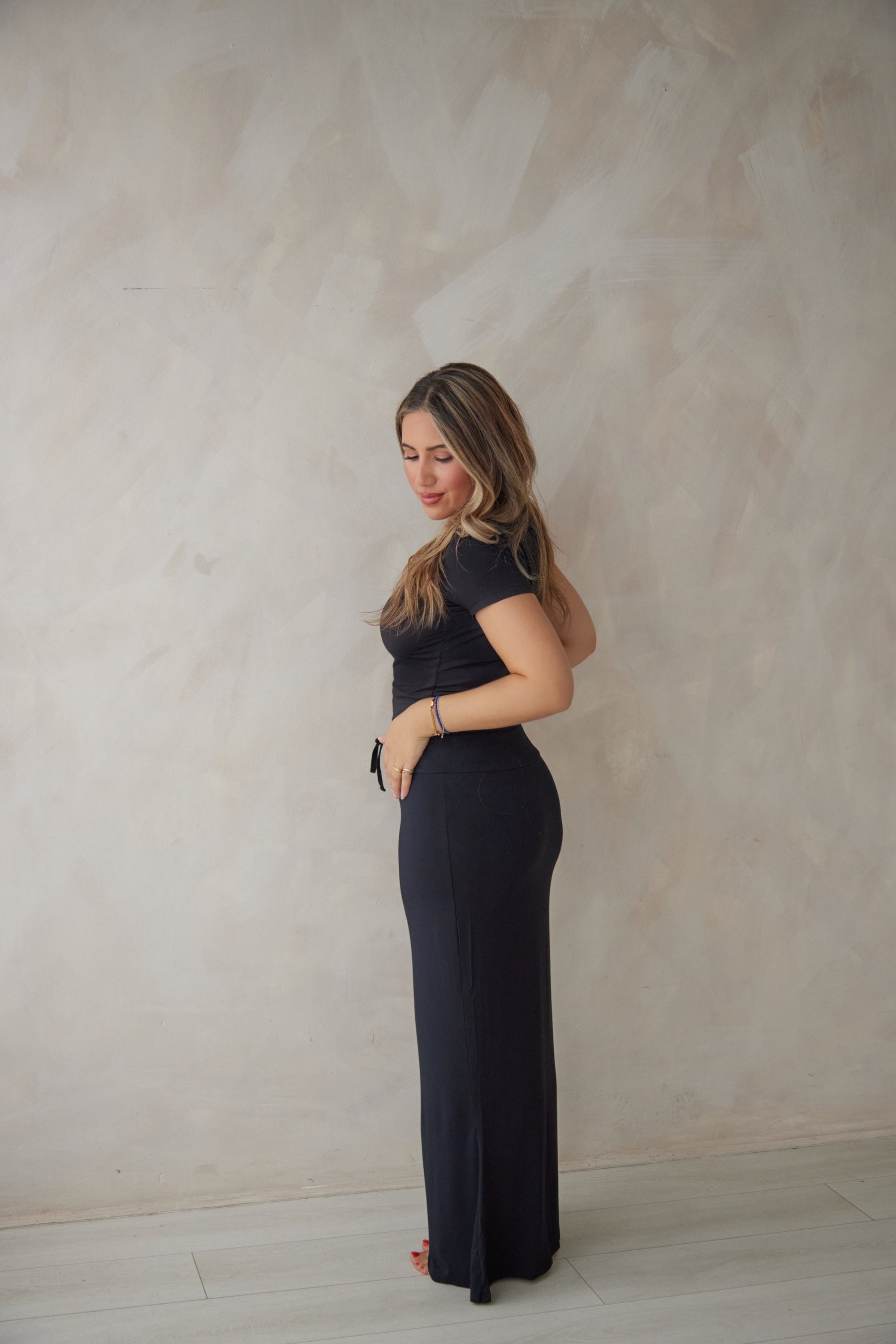 True Black drawstring bamboo maxi lounge skirt