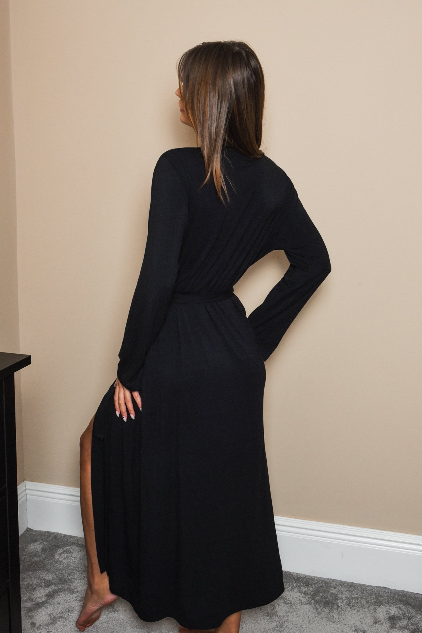 True Black Long Belted Robe