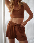 LIMITED EDITION Chestnut Brown ruffle drawstring shorts