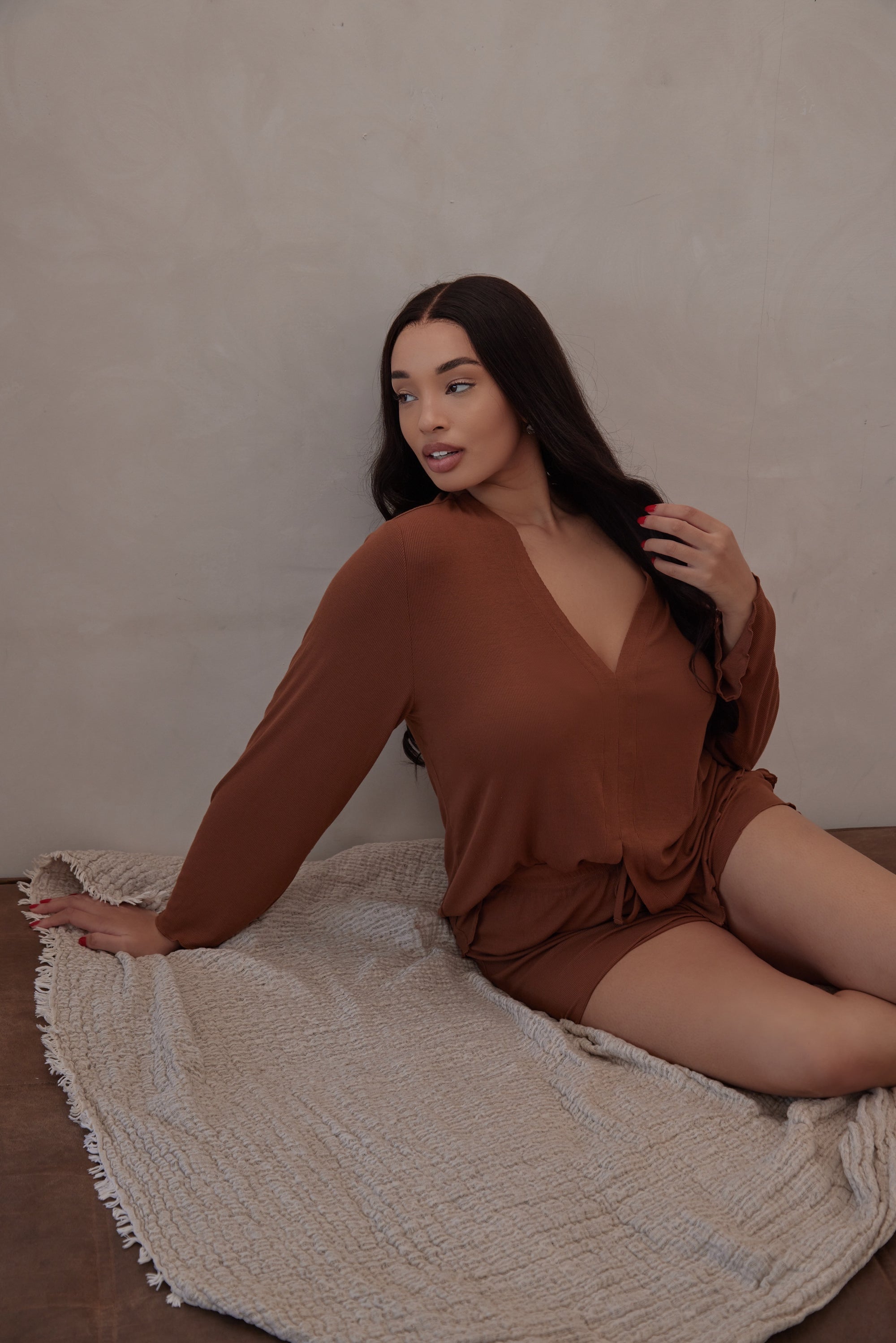 Chestnut Brown Bamboo Rib Shirt-Style top