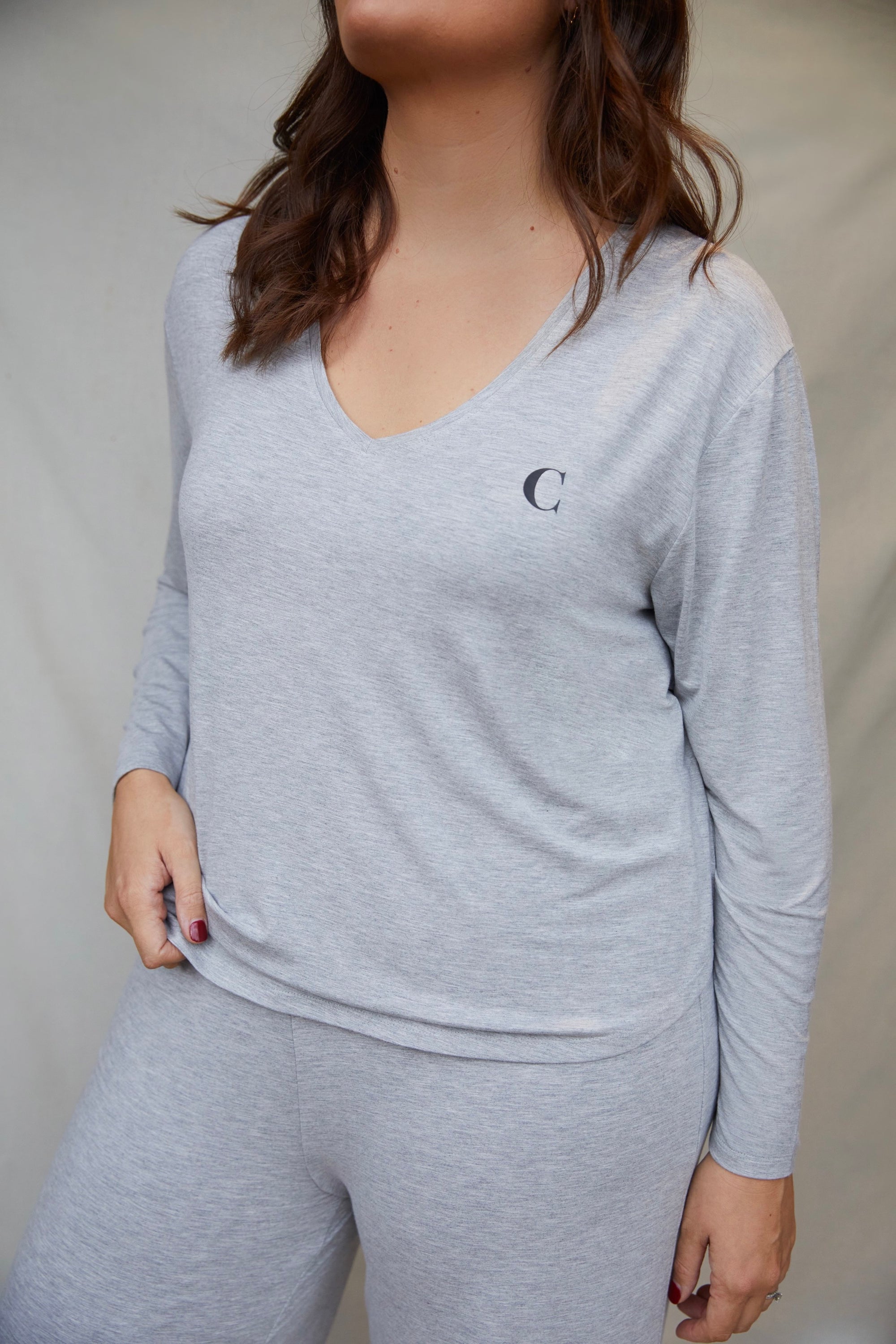 Pebble Grey Long Sleeve V-neck t-shirt