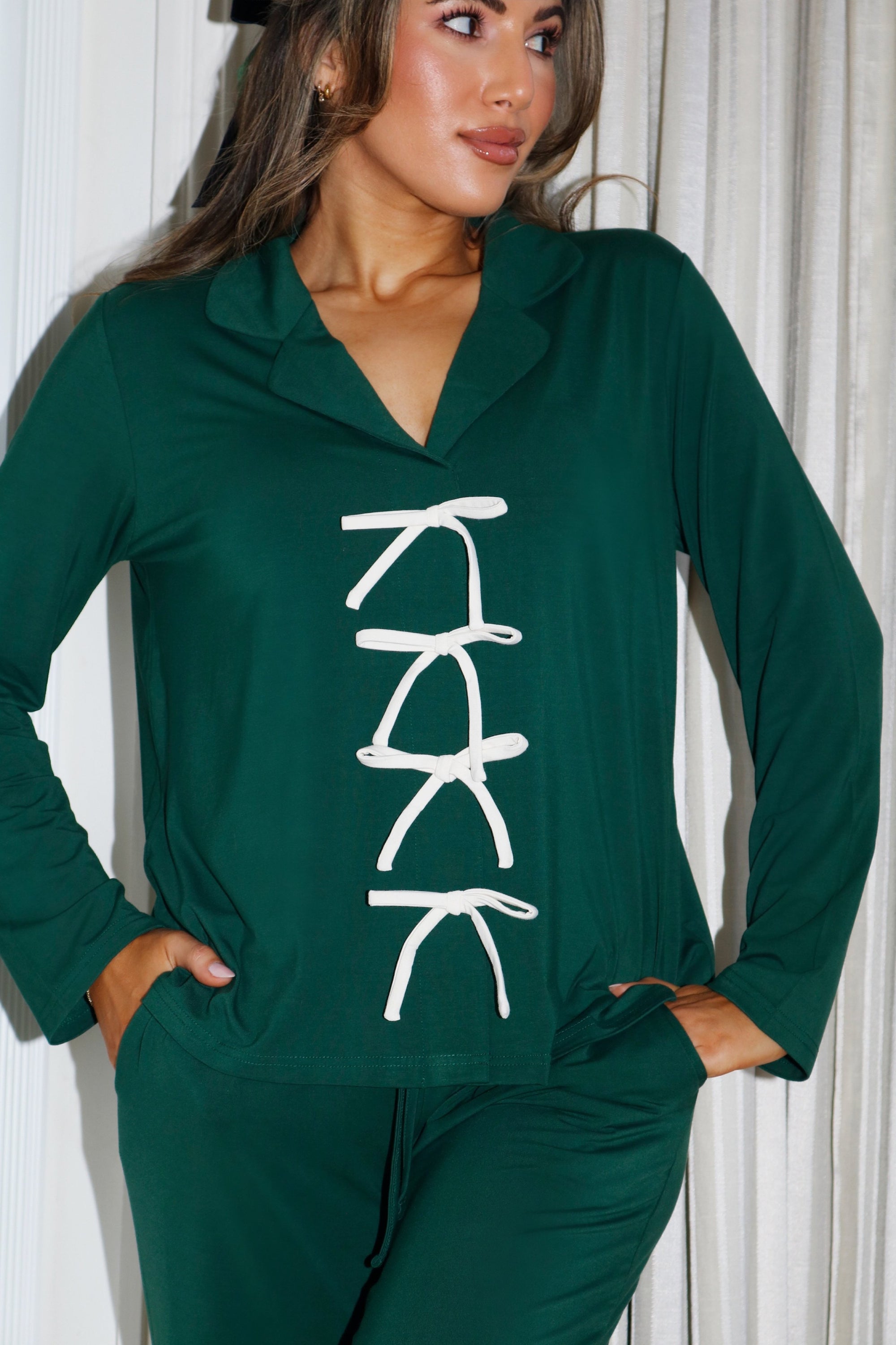 Deep Forest Bow Long Sleeve shirt style