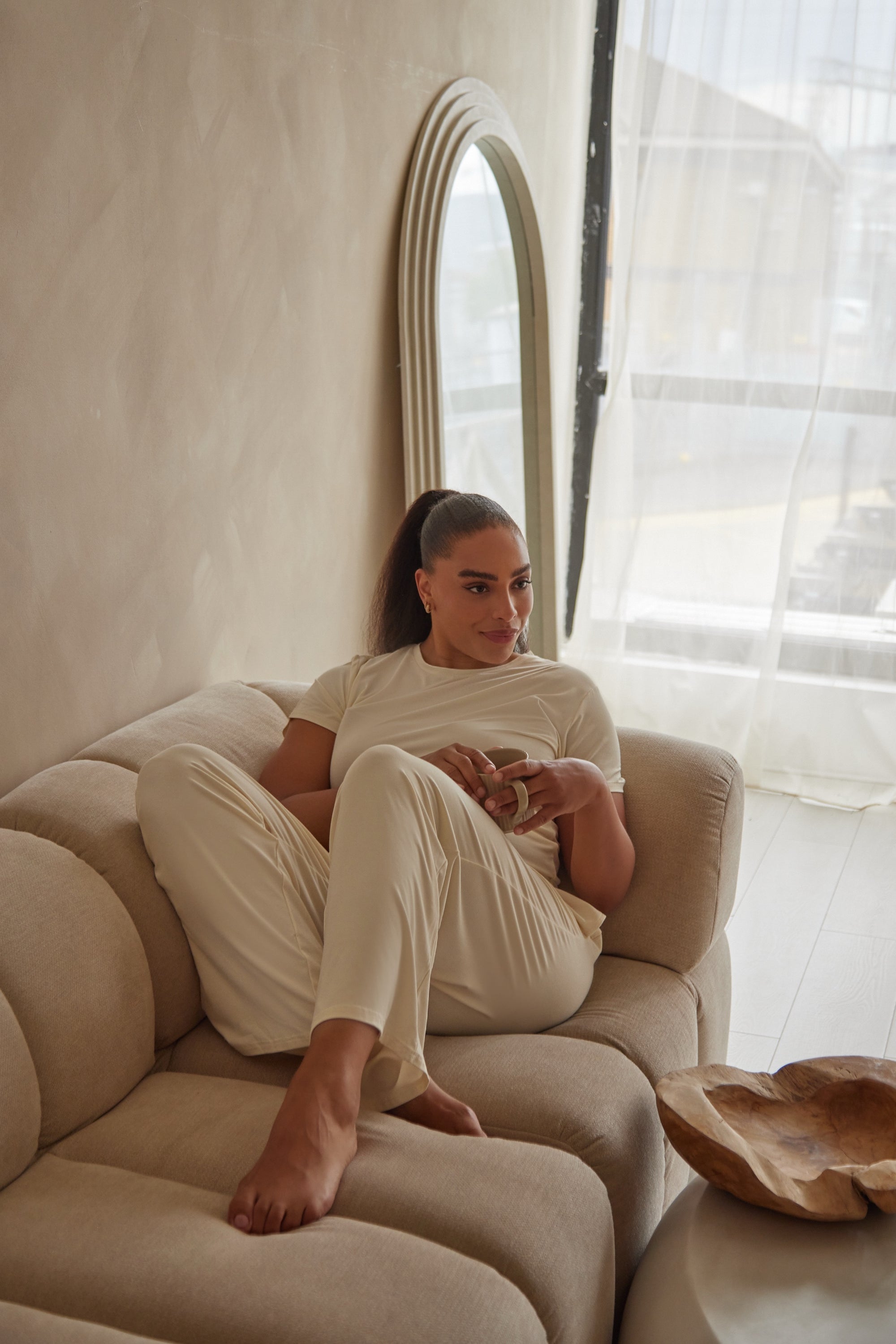 Soft Ivory straight leg drawstring trousers