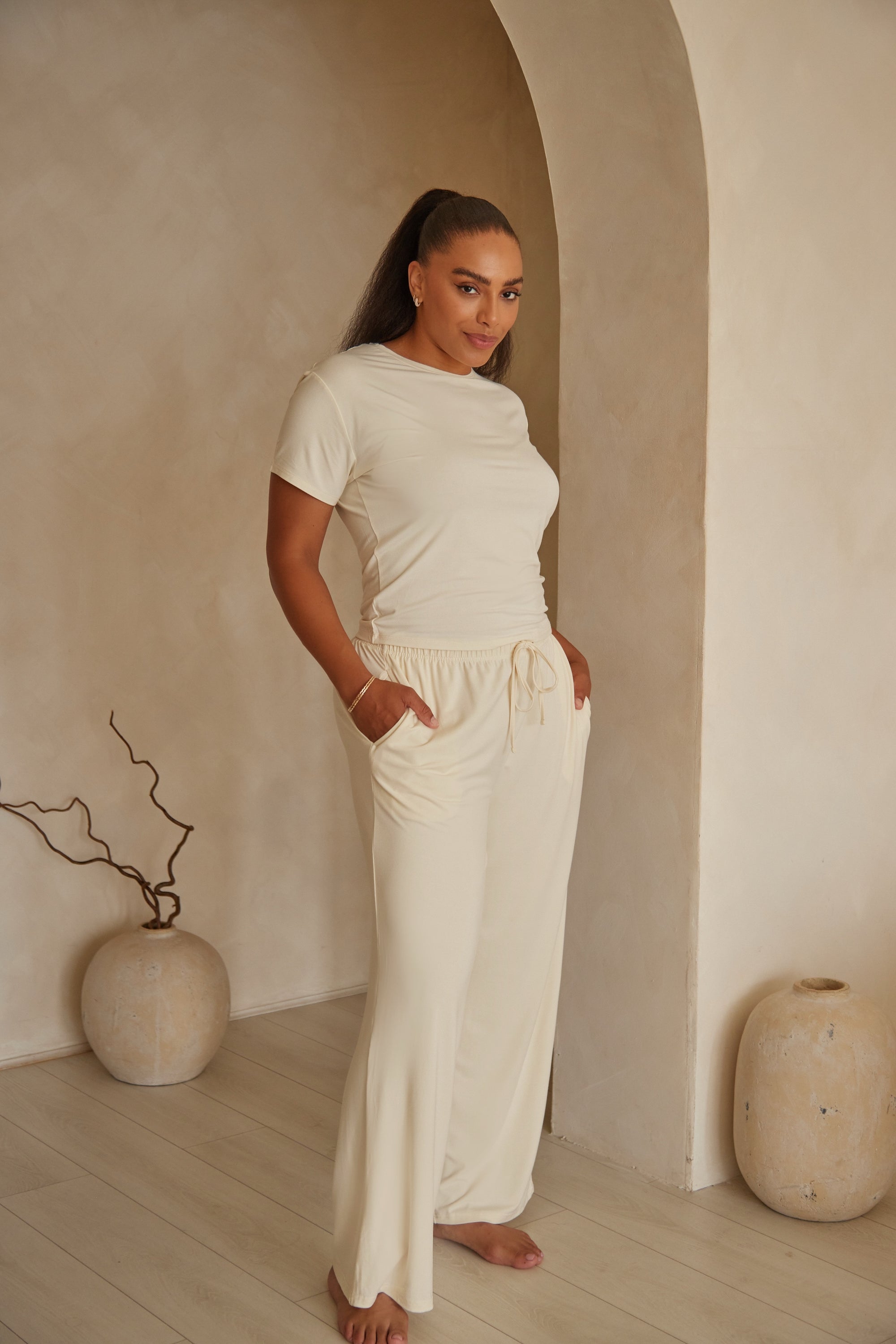 Soft Ivory straight leg drawstring trousers