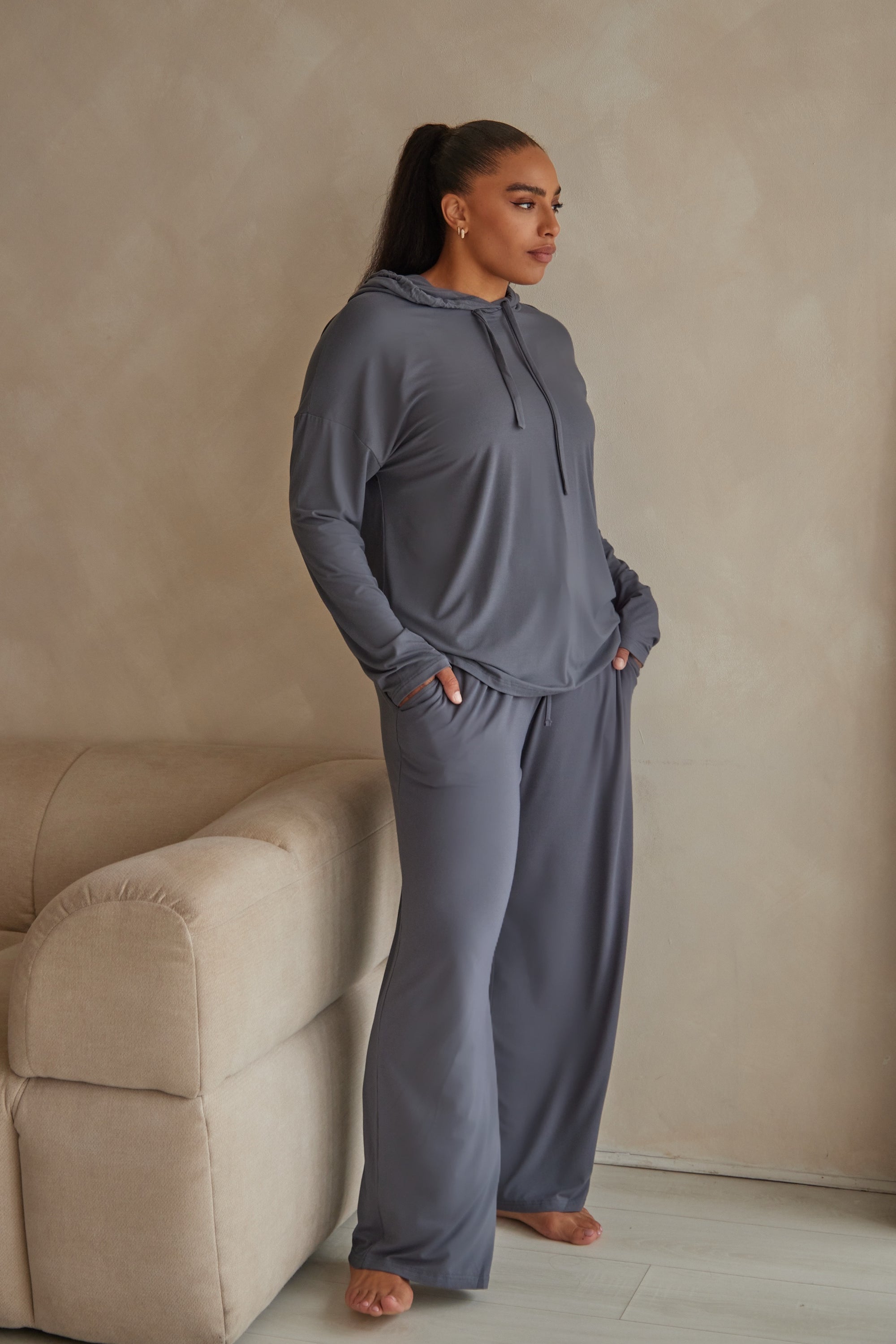Charcoal Grey straight leg drawstring trousers