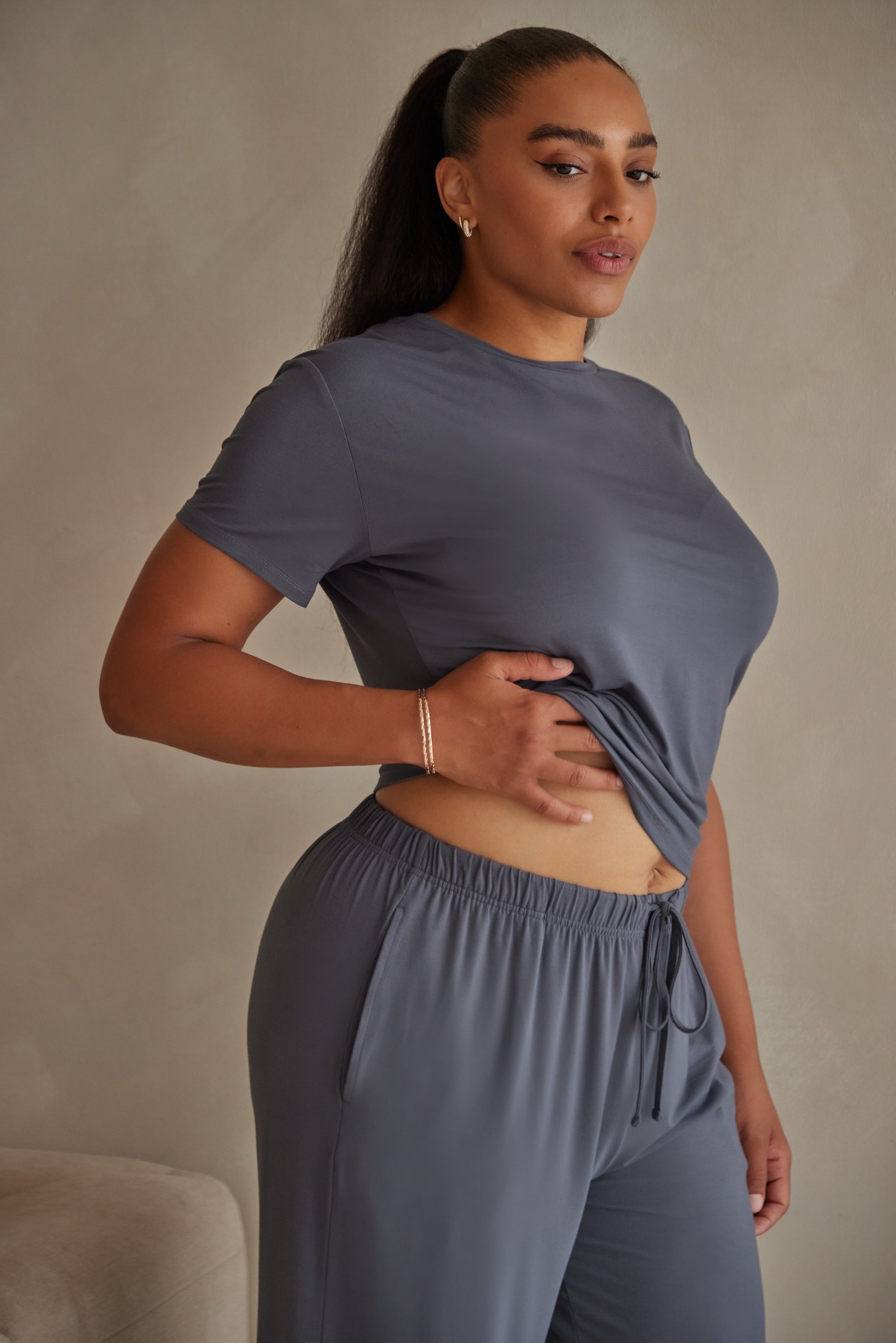 Charcoal Grey straight leg drawstring trousers