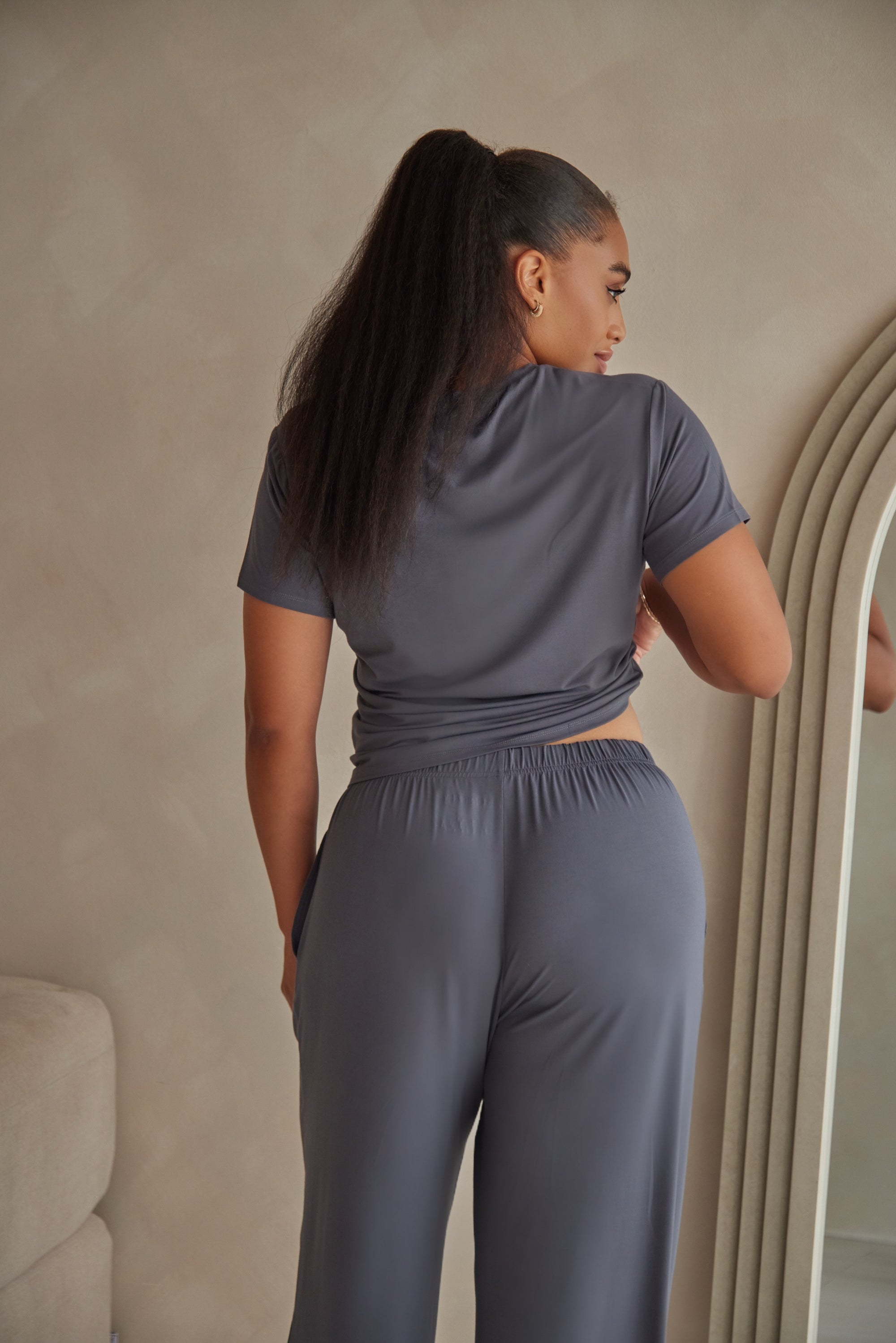 Charcoal Grey straight leg drawstring trousers