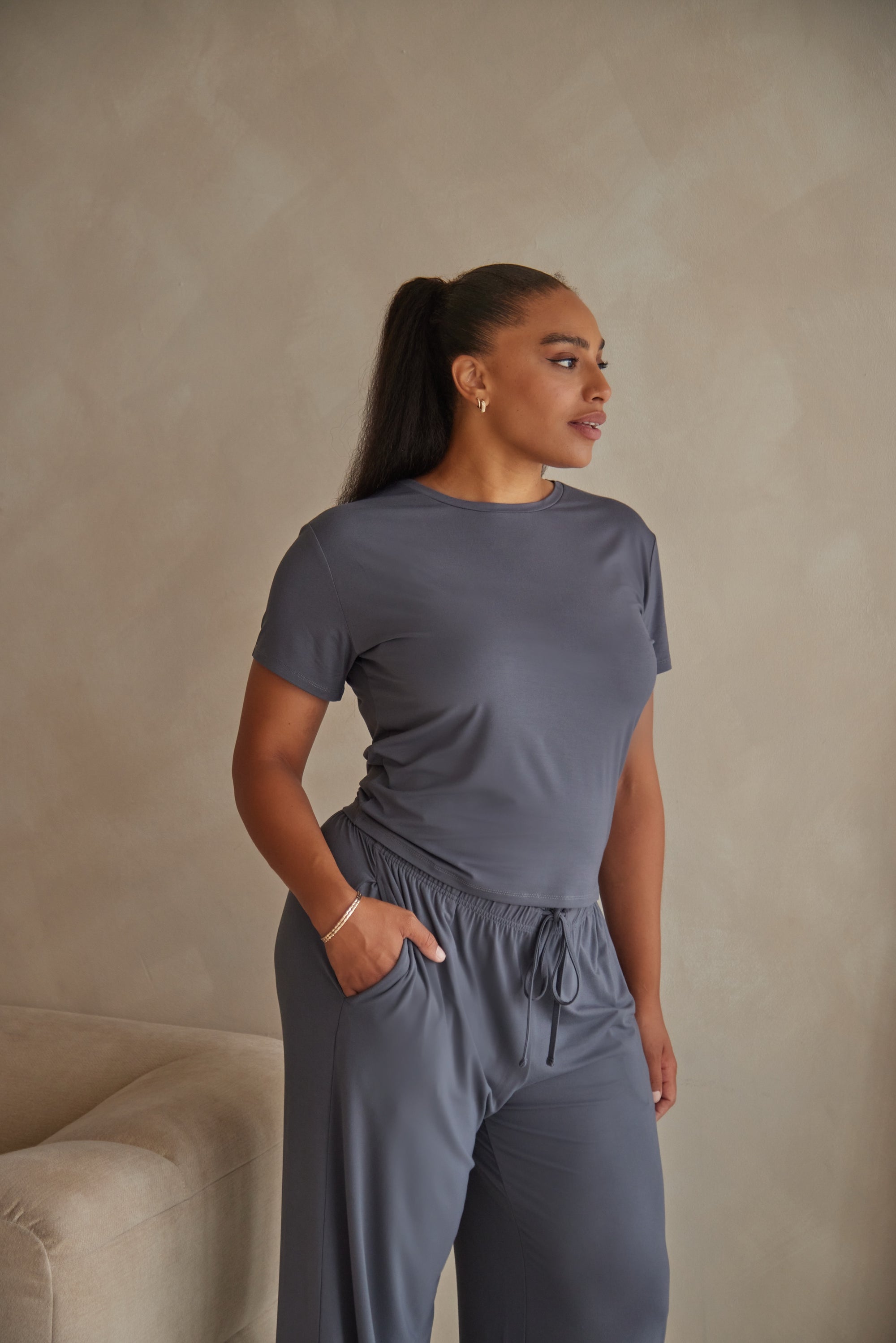 Charcoal Grey straight leg drawstring trousers