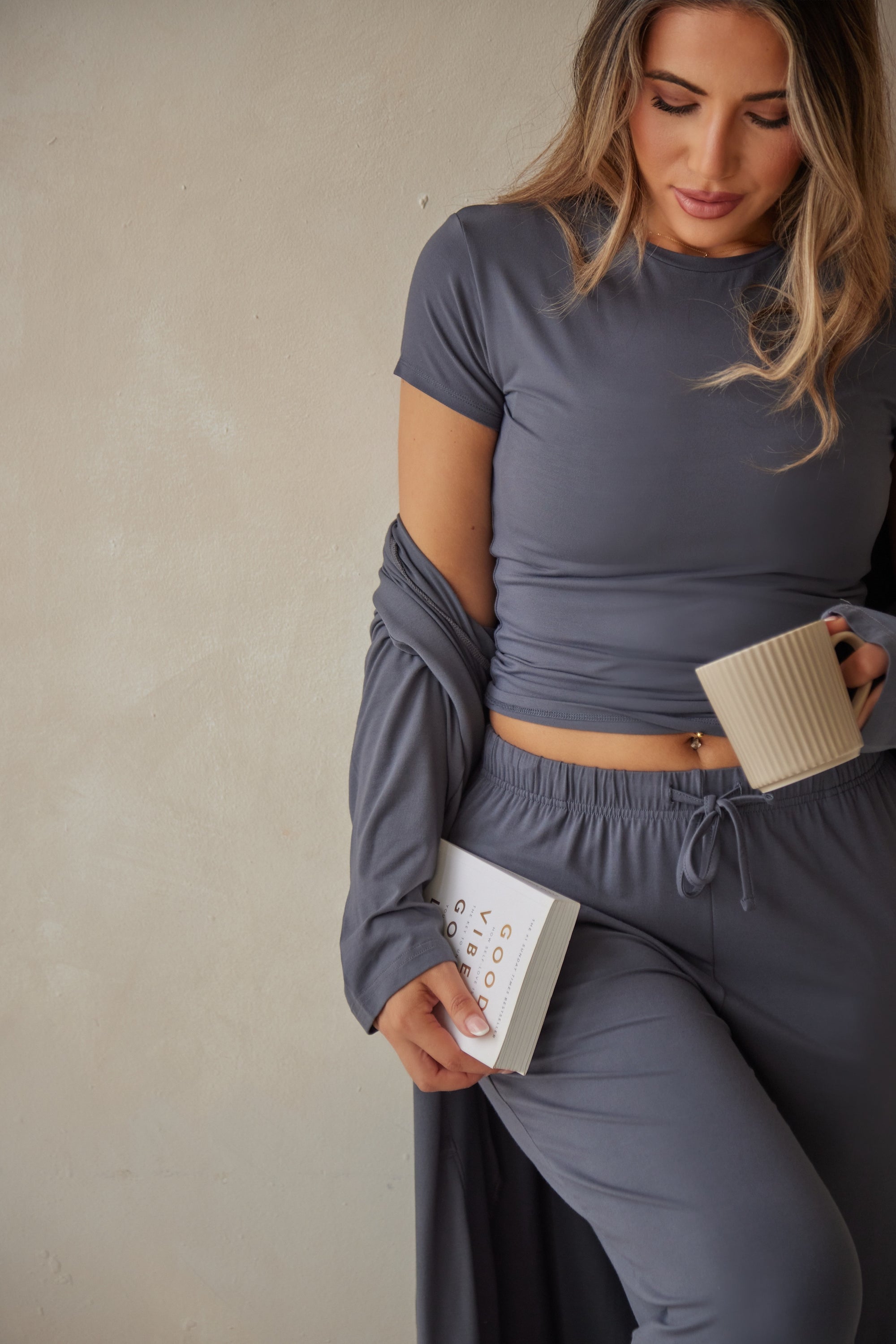 Charcoal Grey straight leg drawstring trousers