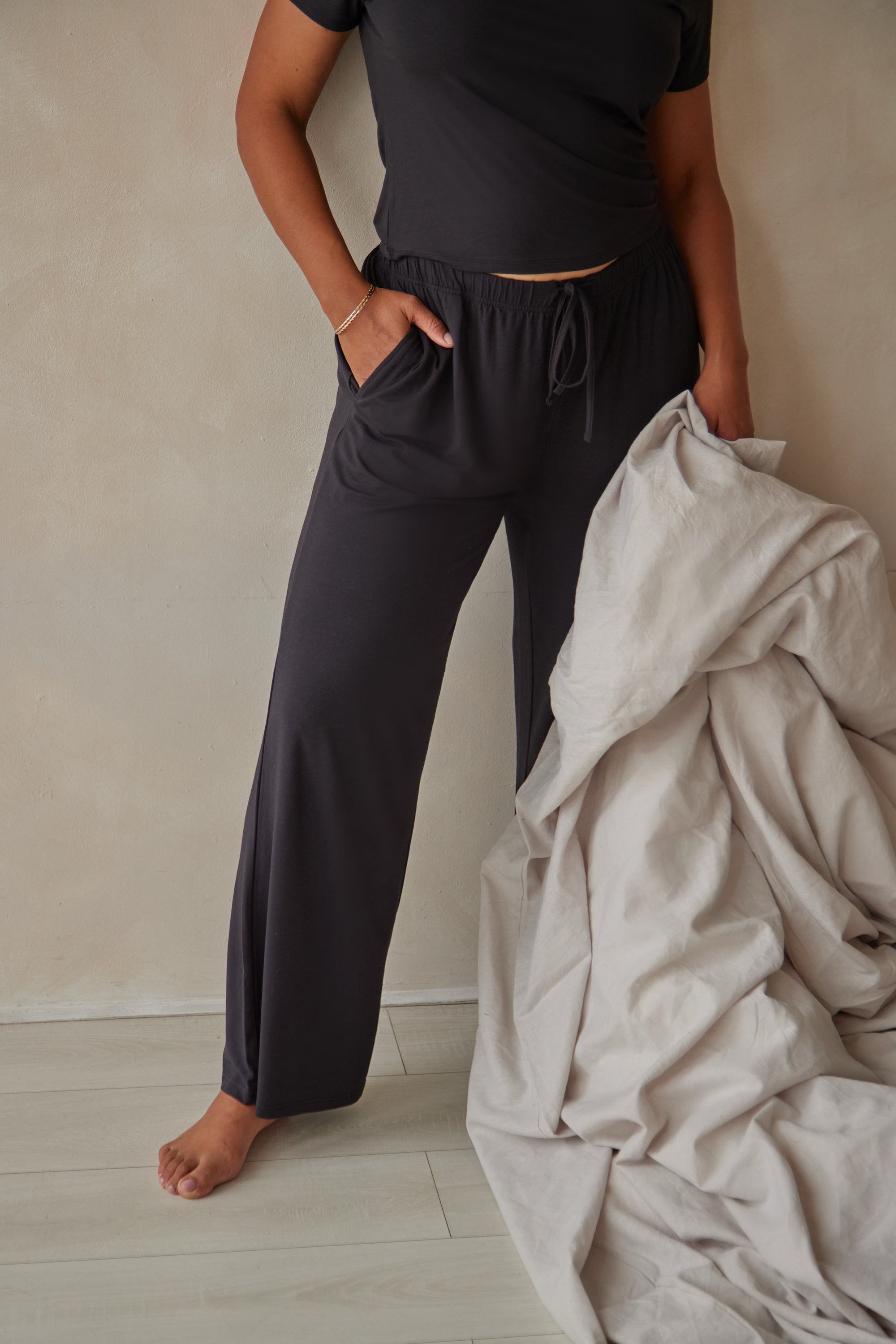True Black straight leg drawstring trousers