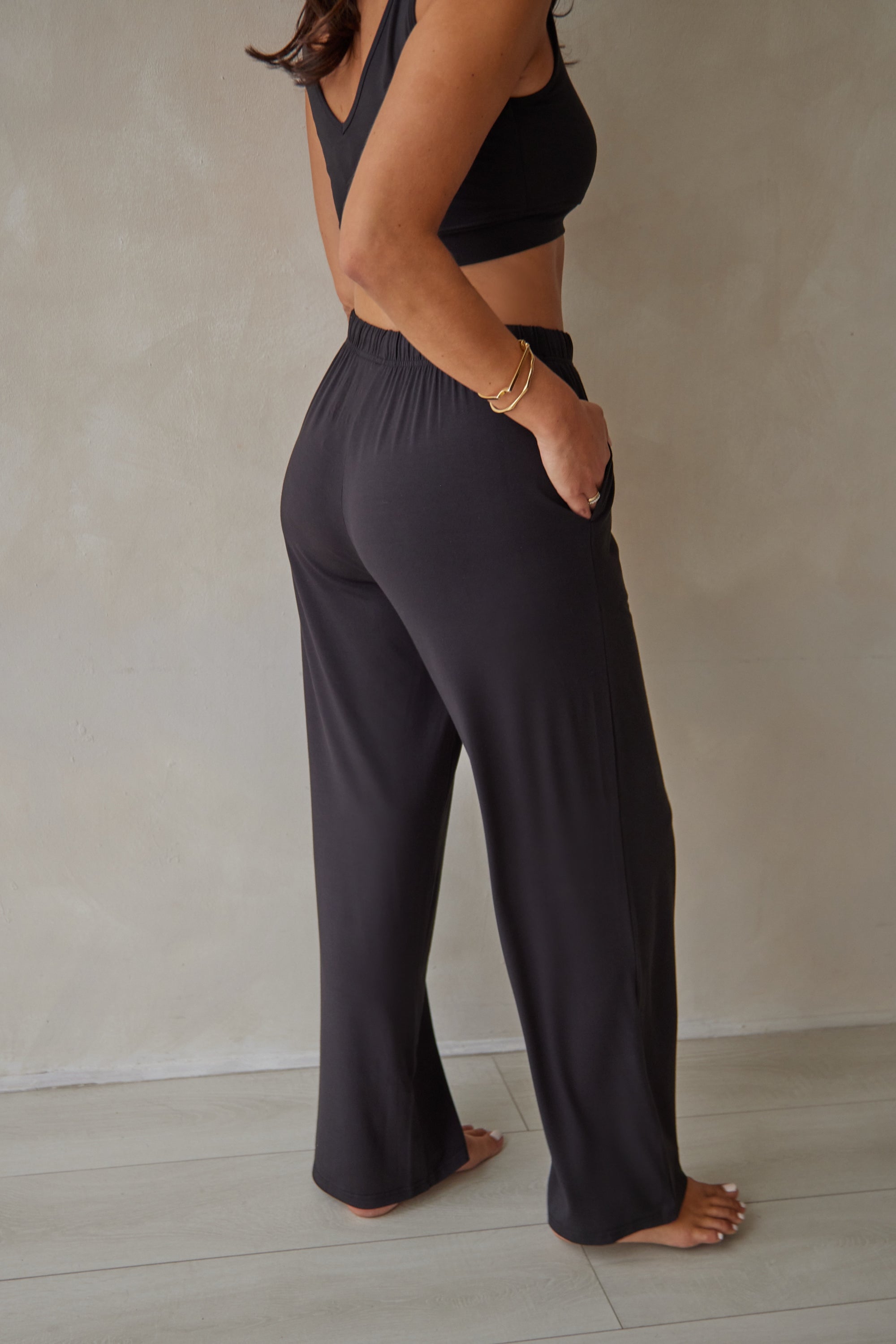 True Black straight leg drawstring trousers