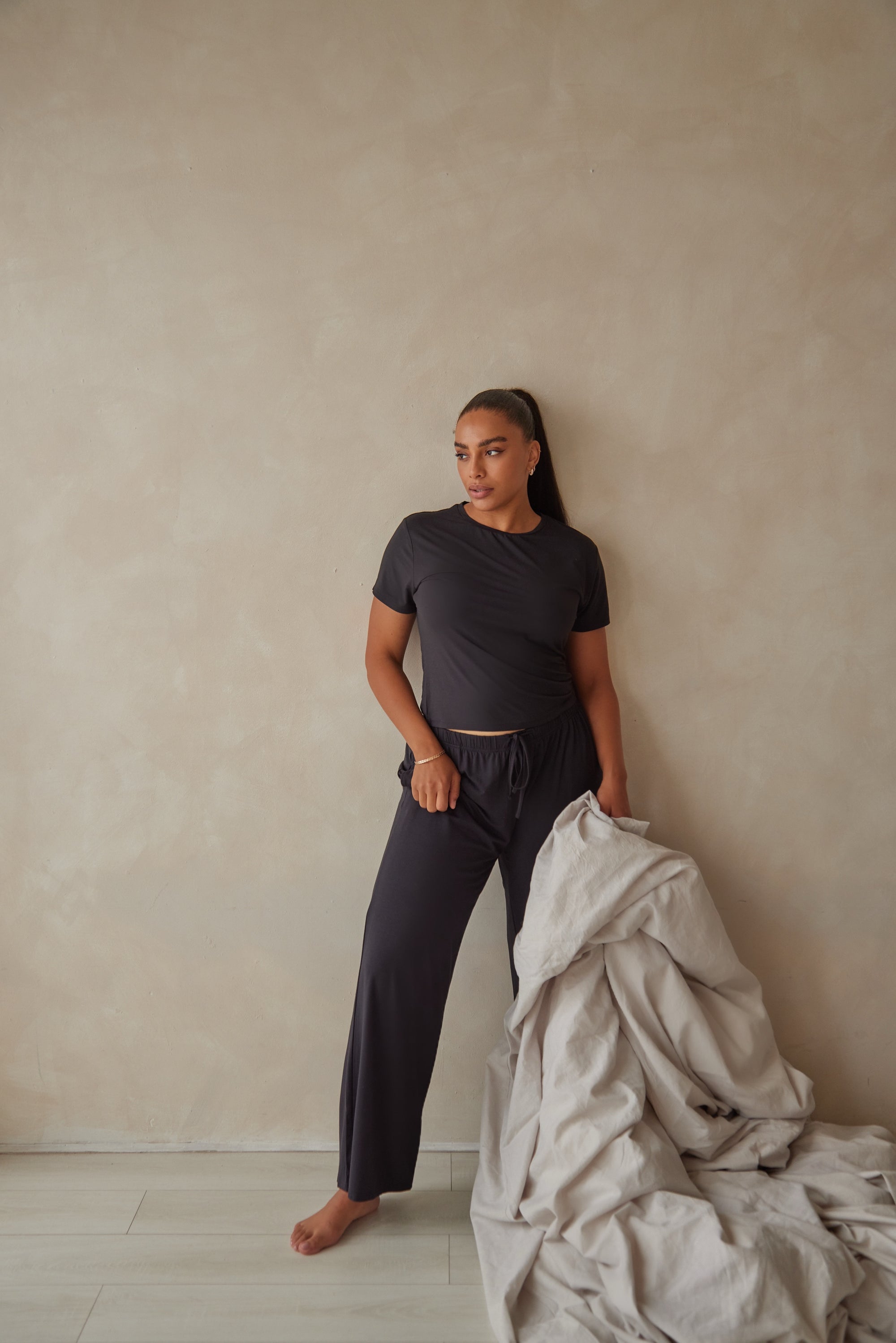 True Black straight leg drawstring trousers