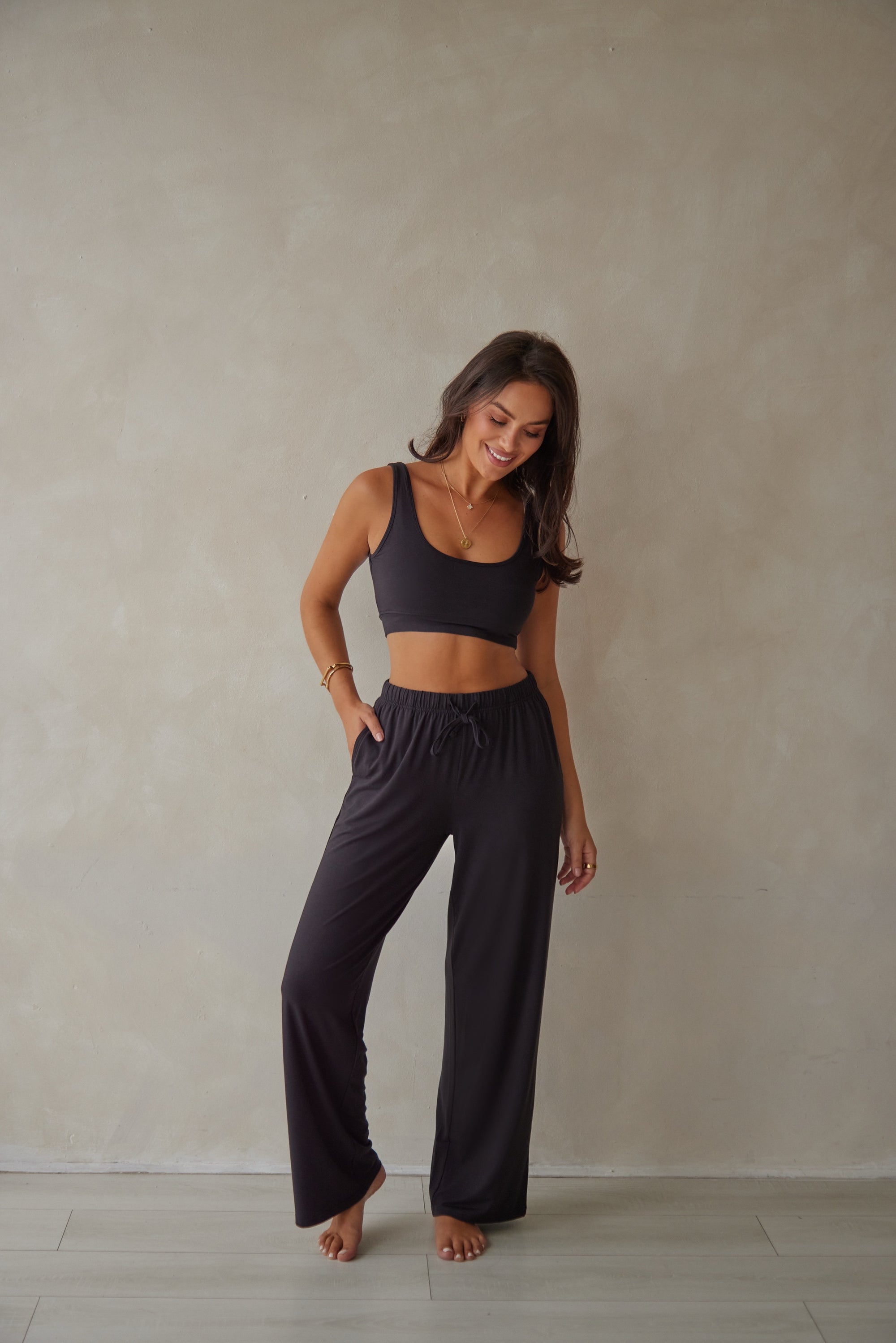 True Black straight leg drawstring trousers