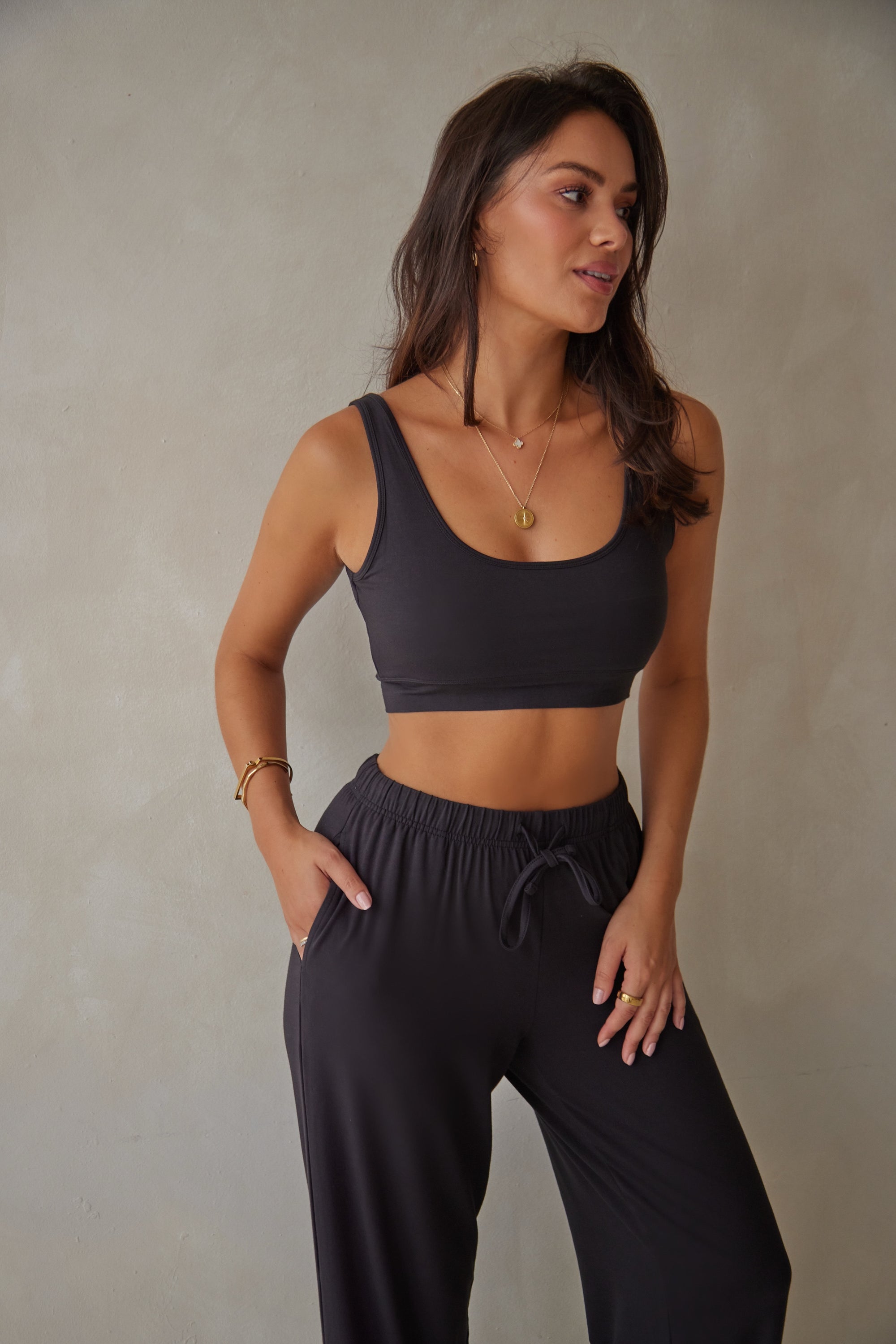 True Black straight leg drawstring trousers