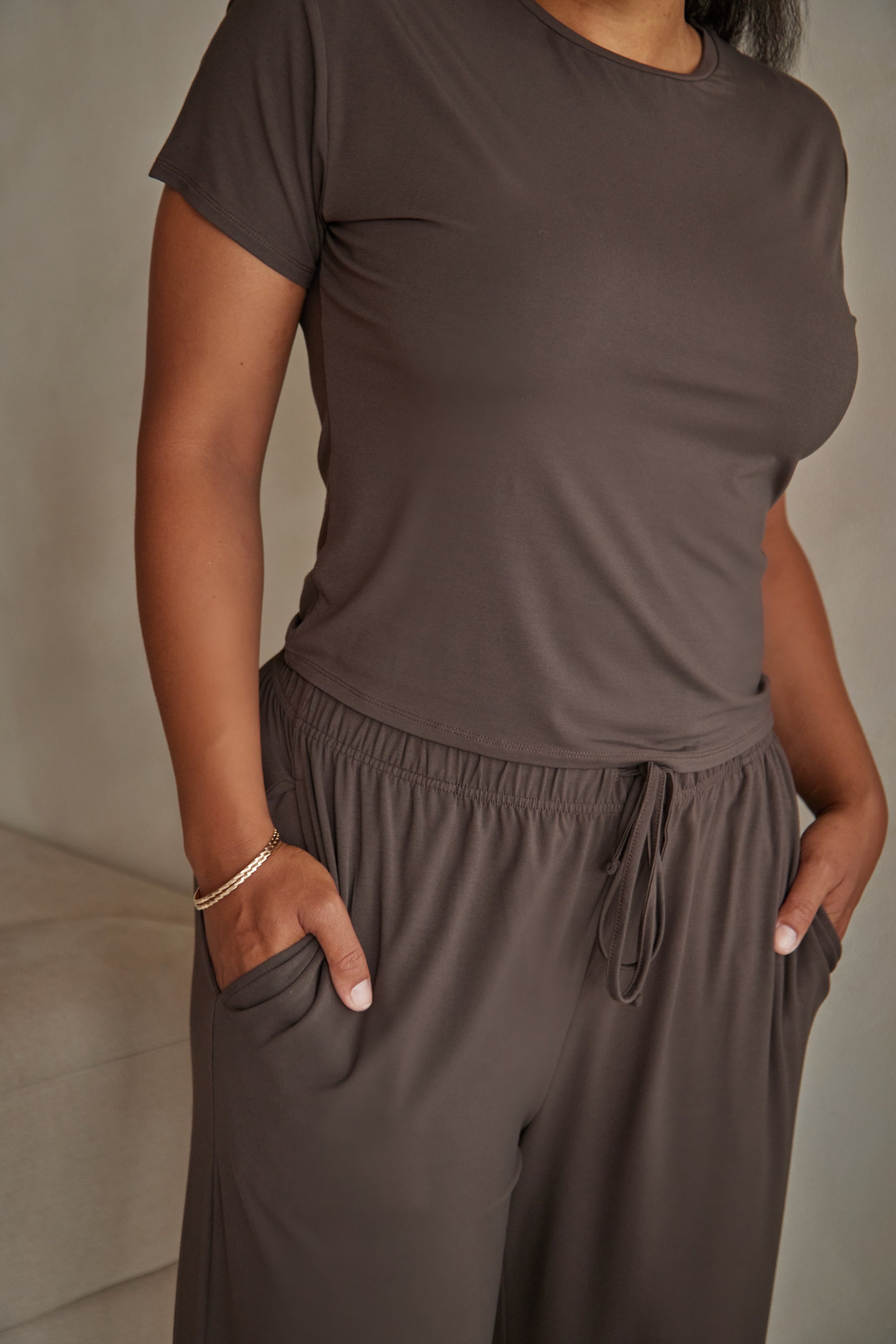 Espresso Brown straight leg drawstring trousers