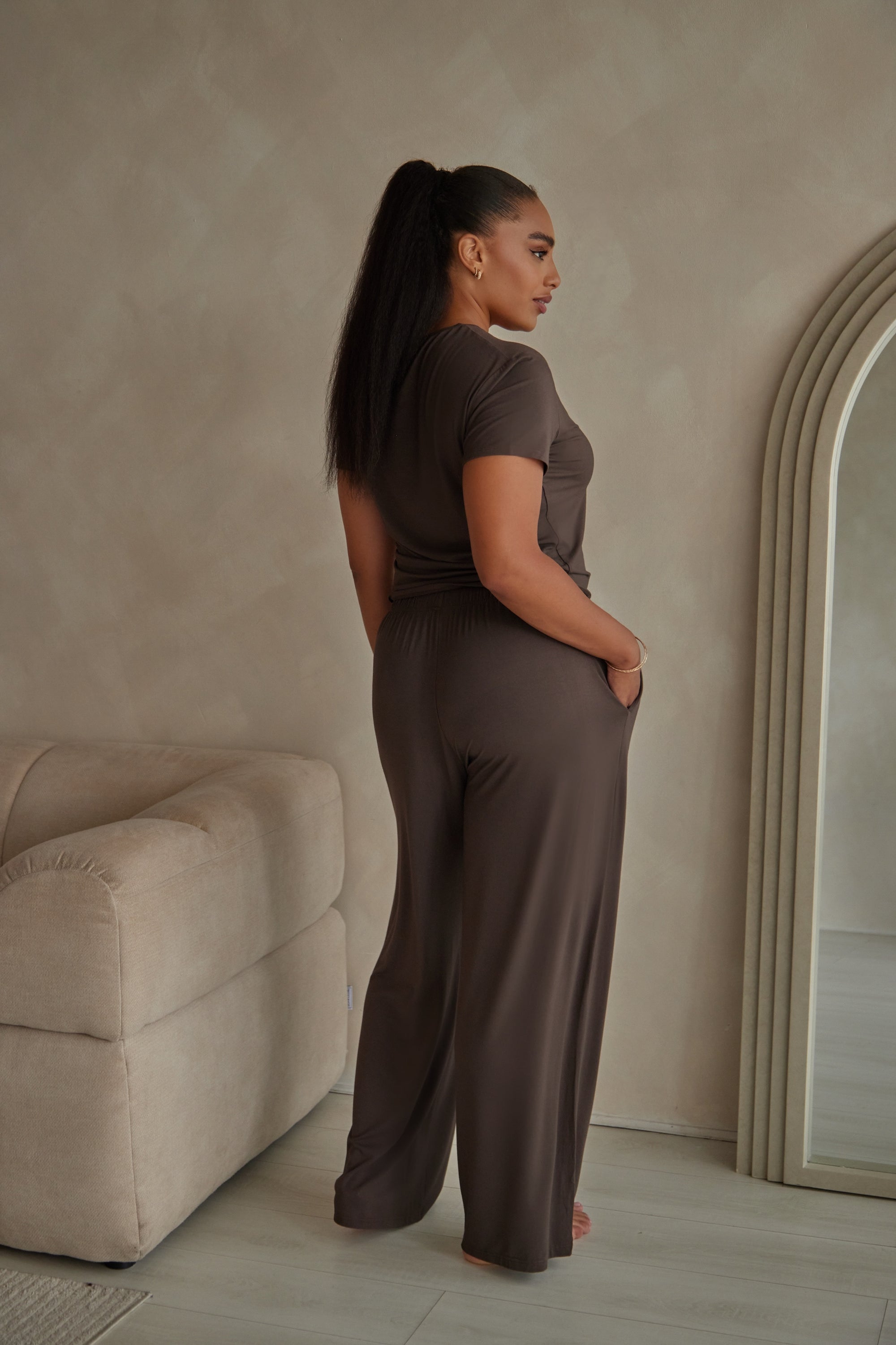 Espresso Brown straight leg drawstring trousers