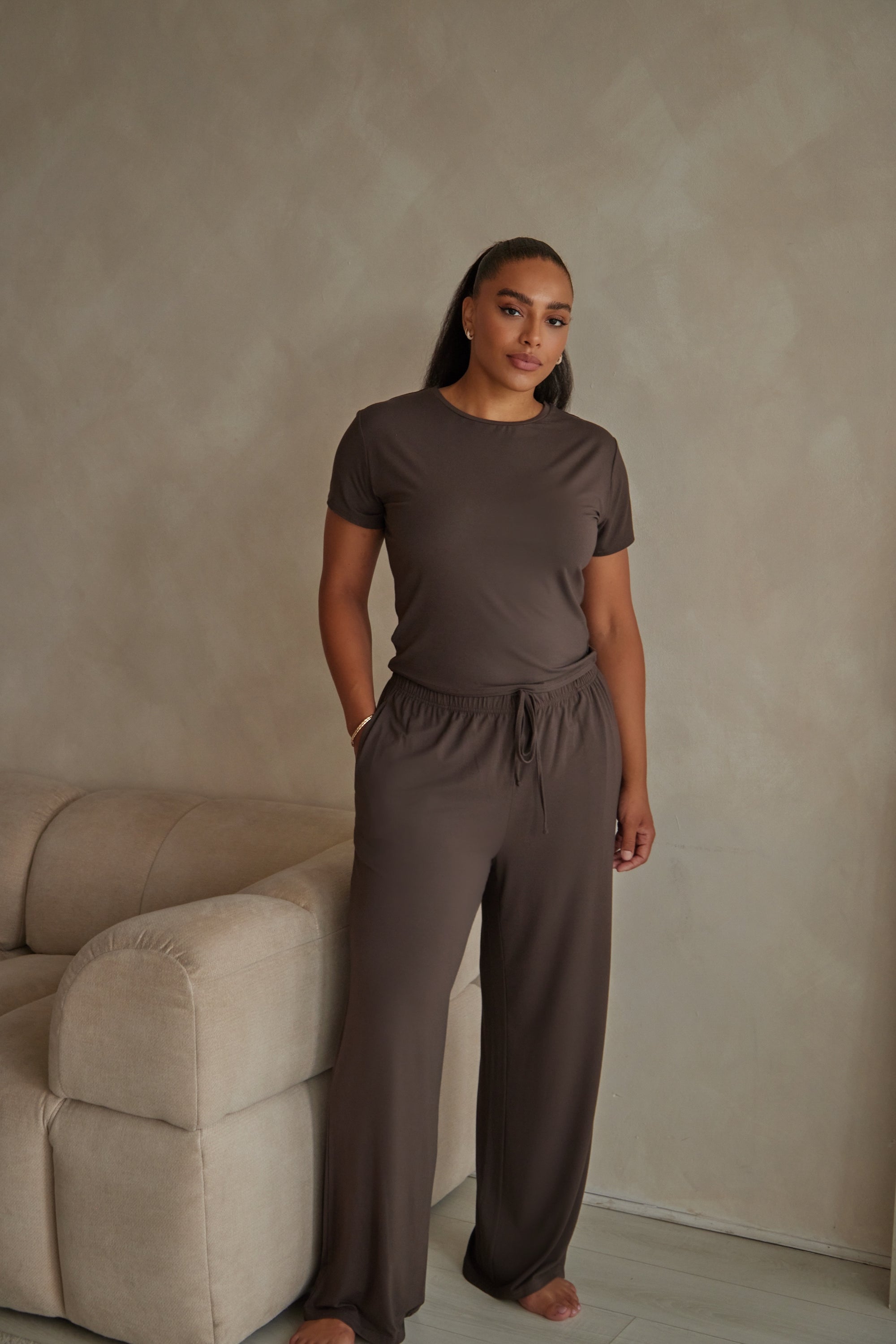 Espresso Brown straight leg drawstring trousers