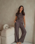 Espresso Brown straight leg drawstring trousers