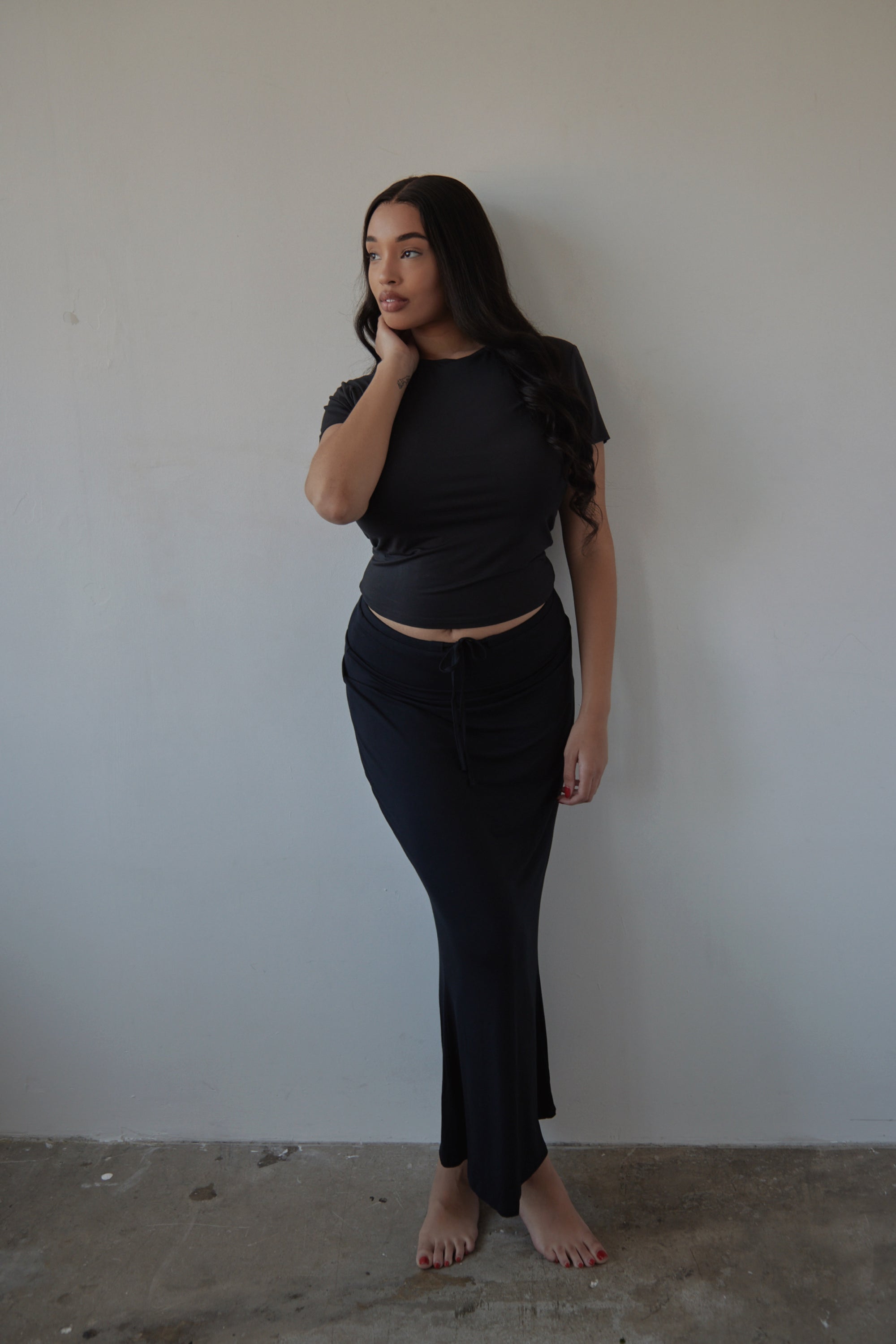 True Black drawstring bamboo maxi lounge skirt