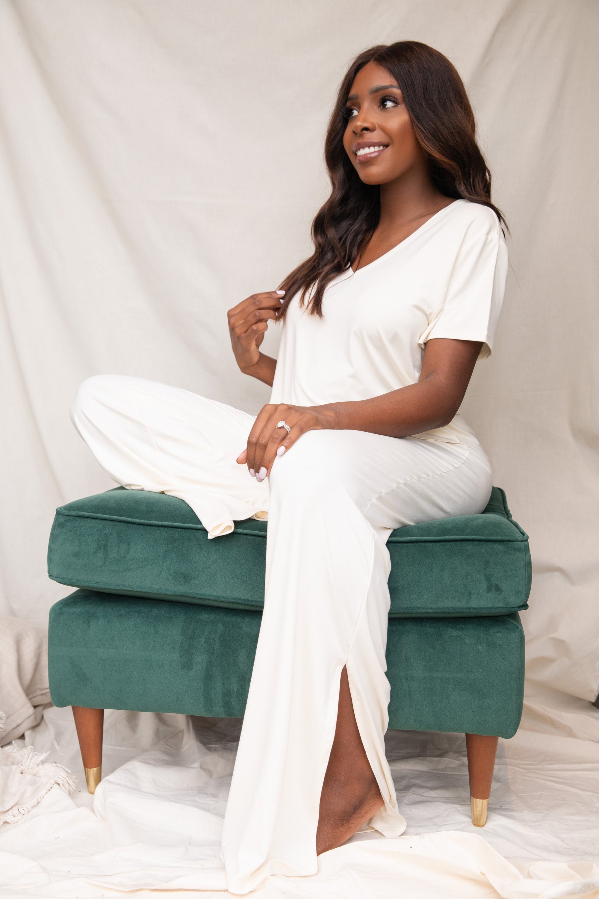 Soft Ivory drawstring wide-leg trousers