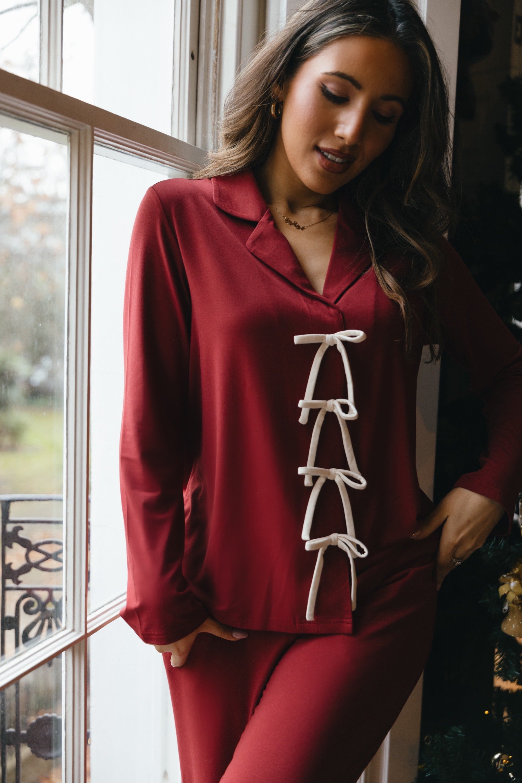 Rich Merlot Bow Long Sleeve shirt style