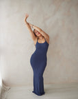 Deep Navy Bamboo Rib Maxi Lounge Dress