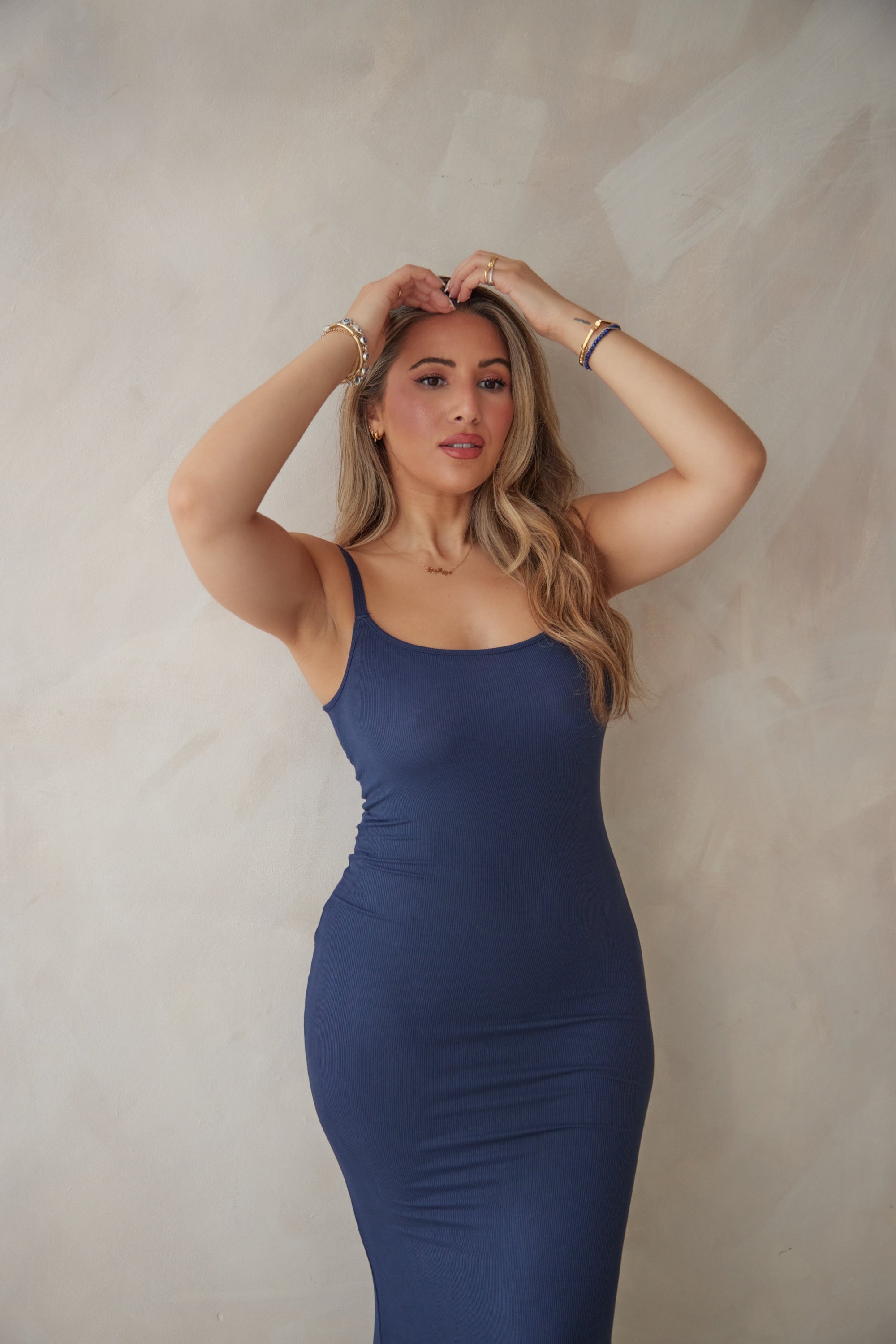 Deep Navy Bamboo Rib Maxi Lounge Dress