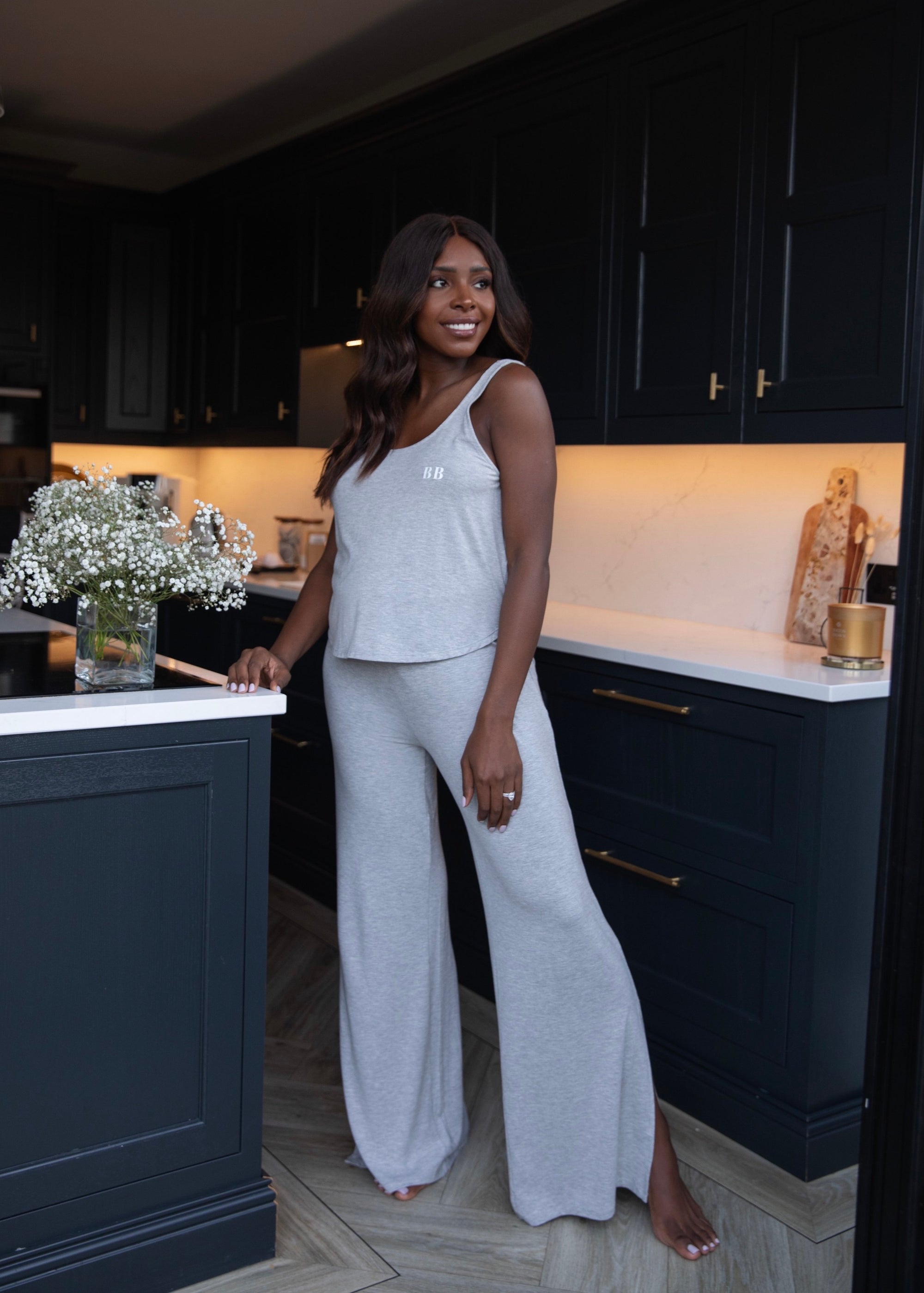 Pebble Grey drawstring wide-leg trousers