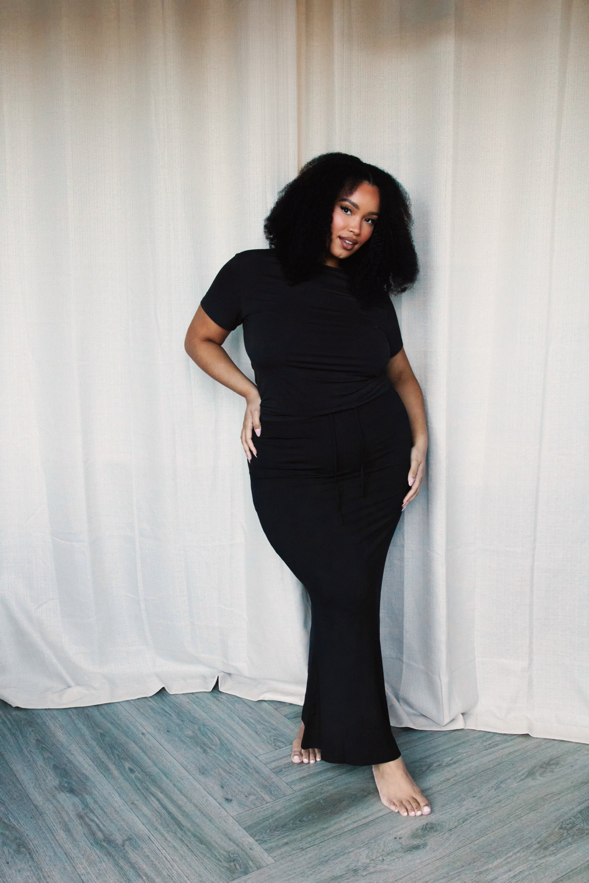 True Black drawstring bamboo maxi lounge skirt