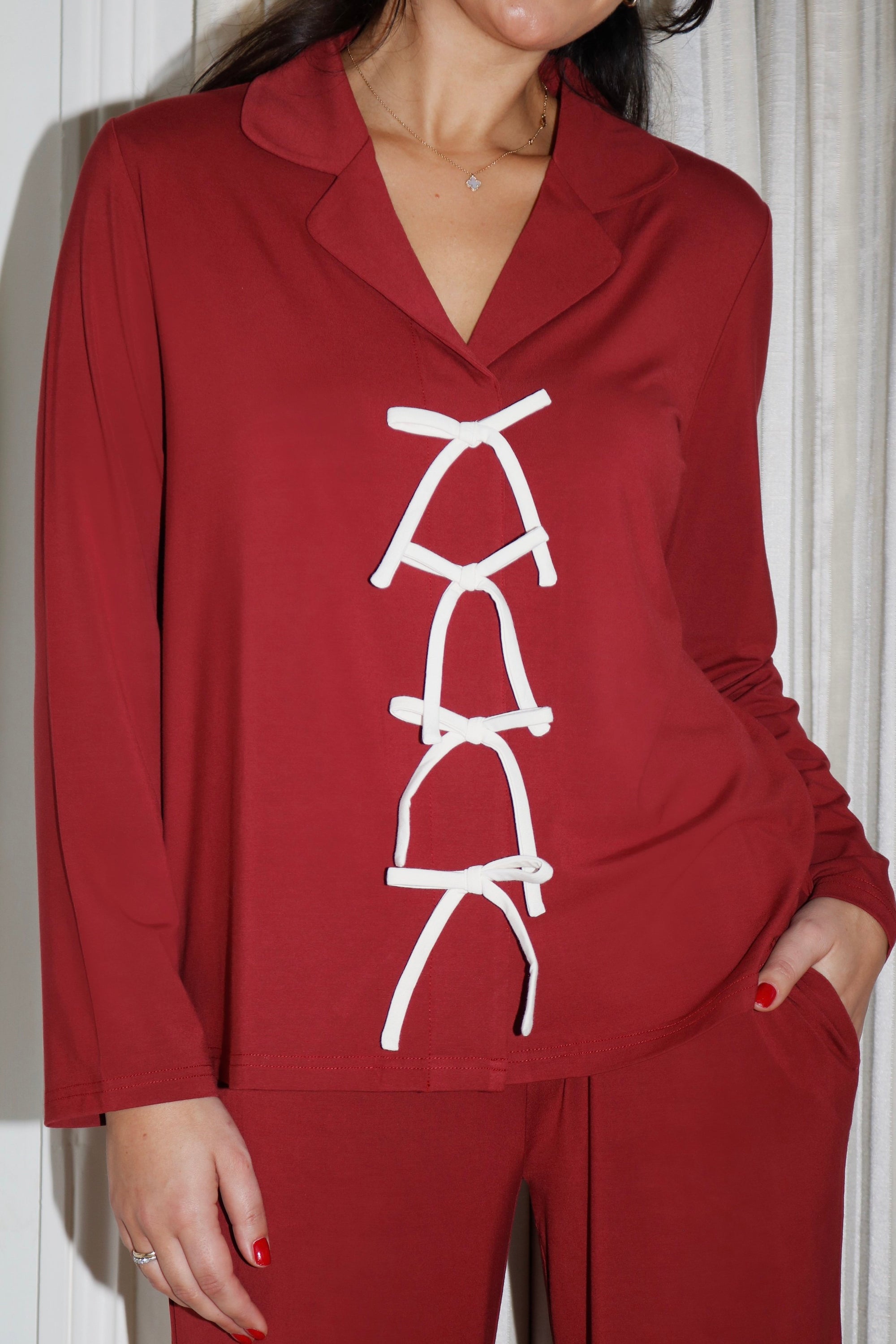 Rich Merlot Bow Long Sleeve shirt style