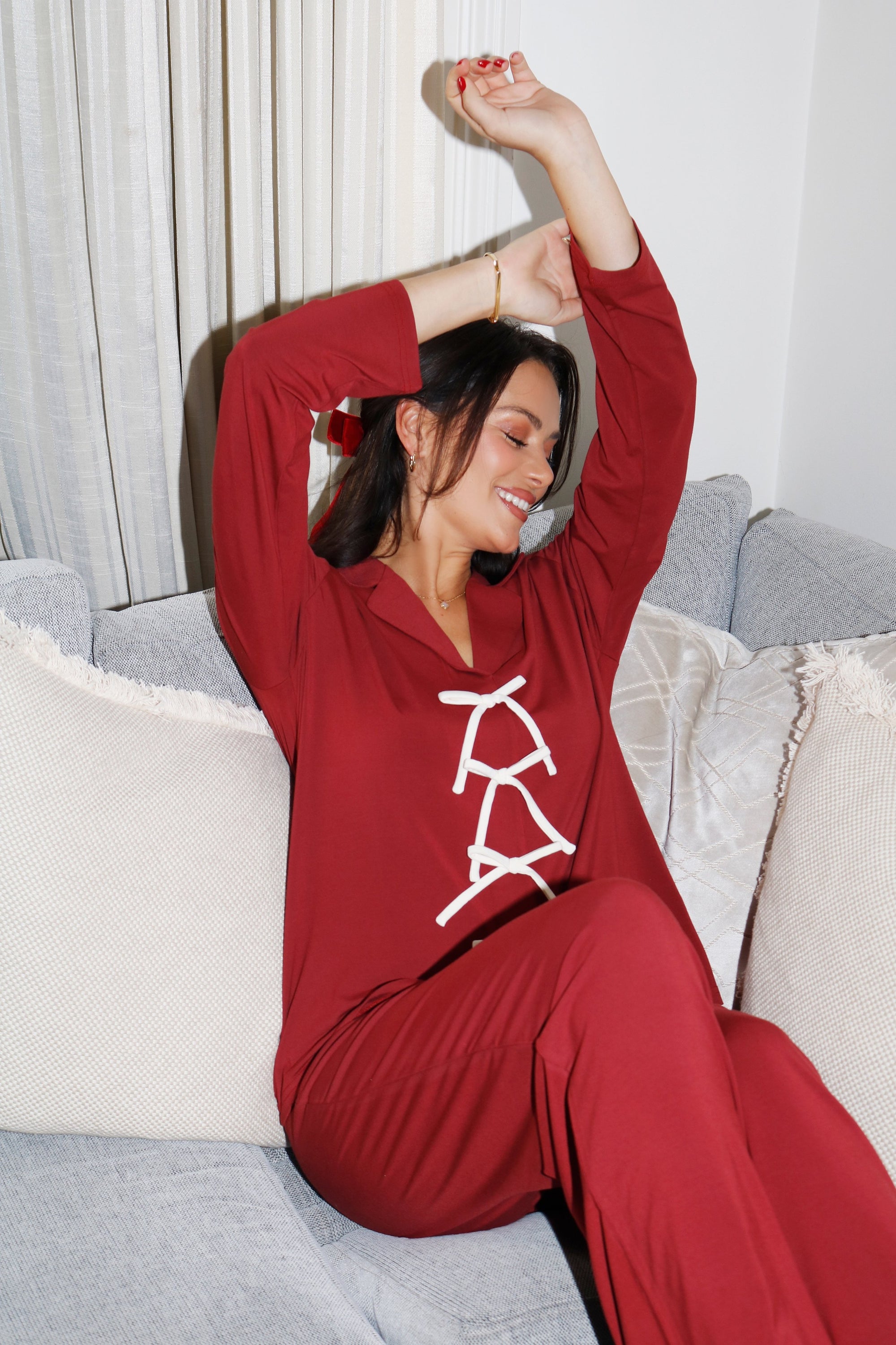 Rich Merlot Bow Long Sleeve shirt style