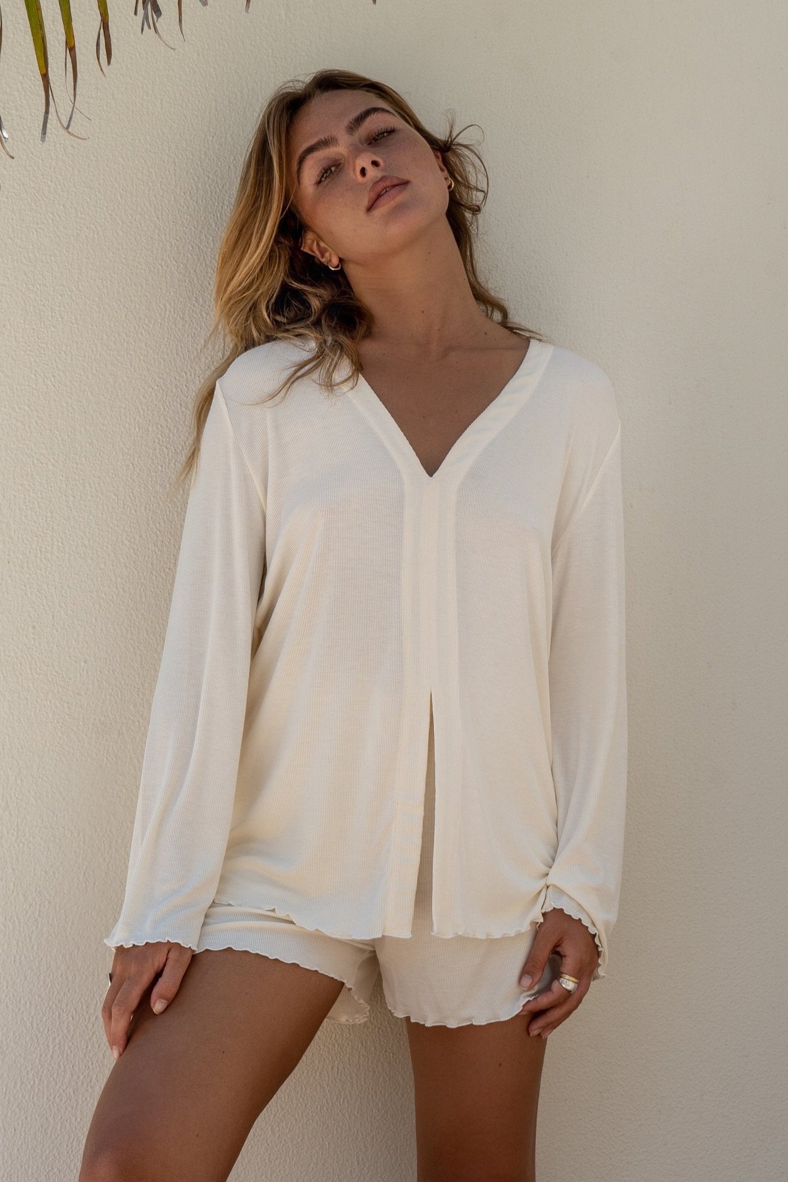 Soft Ivory Bamboo Rib Shirt Style Top