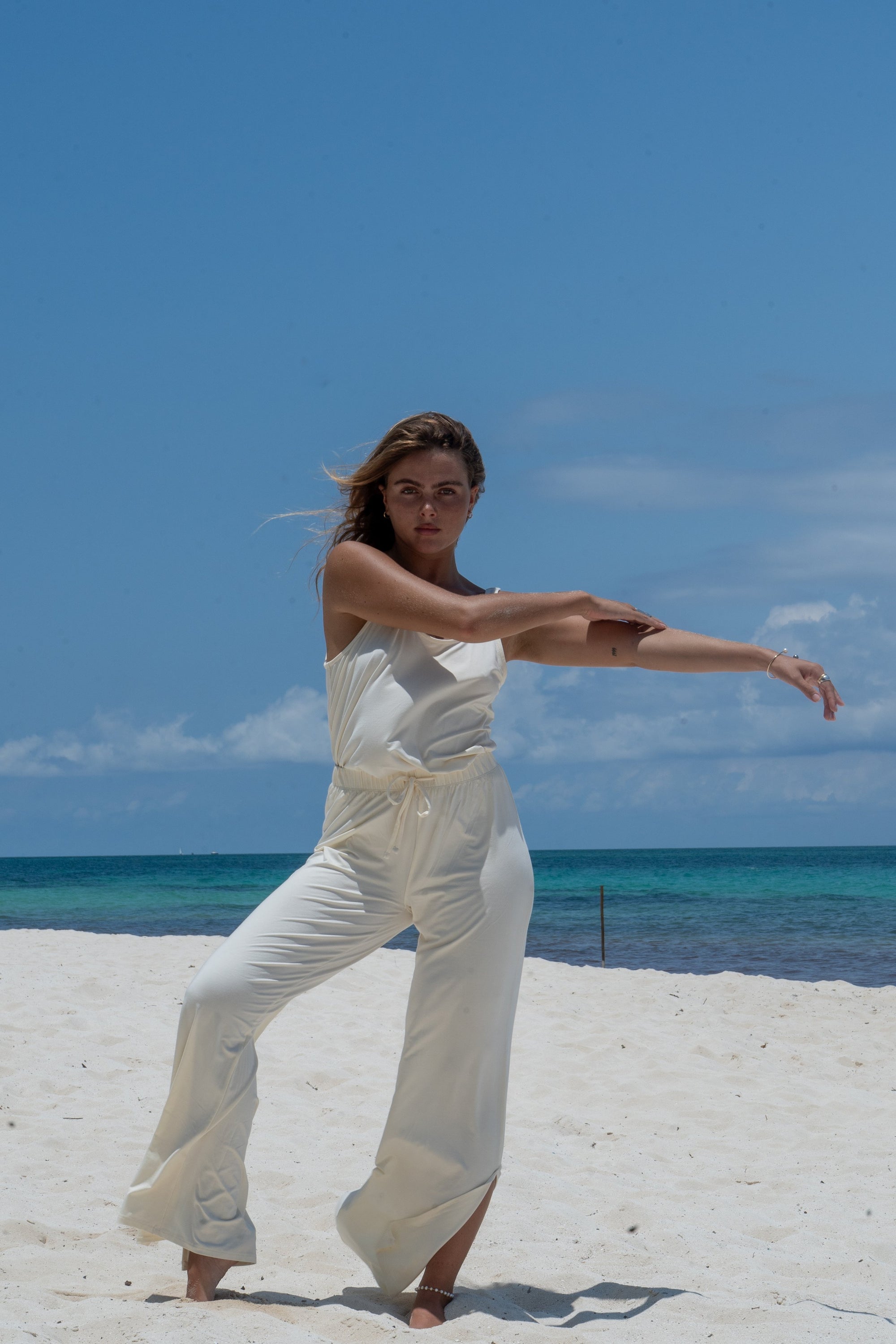 Soft Ivory drawstring wide-leg trousers