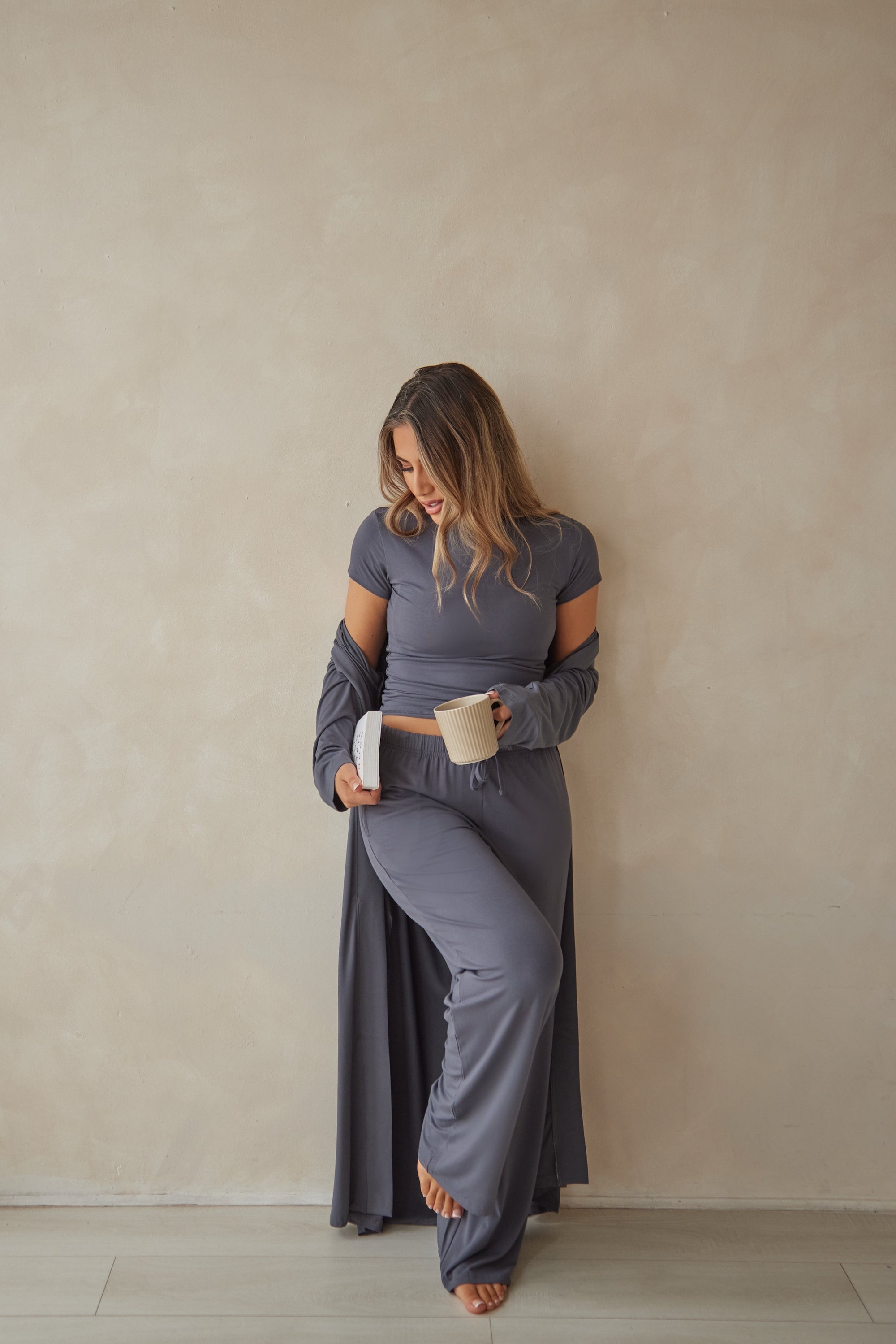 Charcoal Grey straight leg drawstring trousers