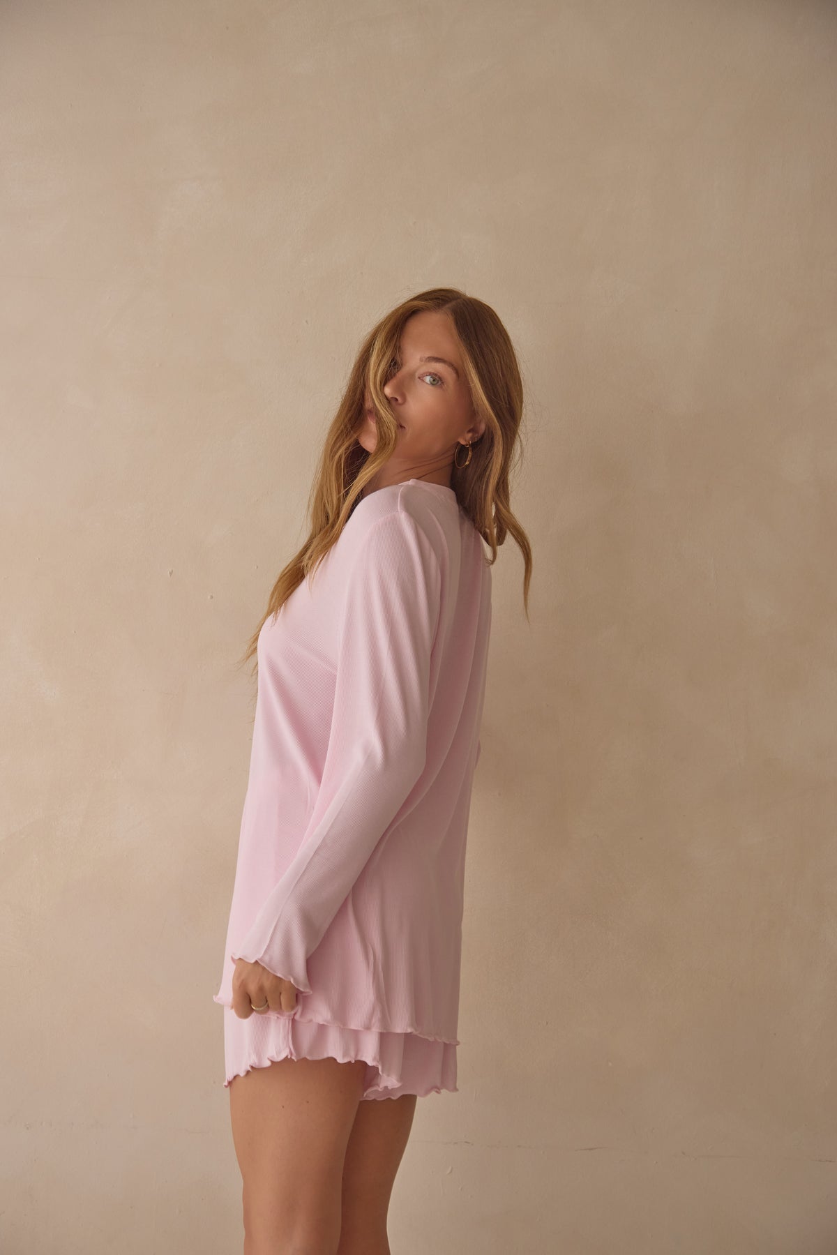 Sugar Pink Bamboo Rib Shirt Style Top